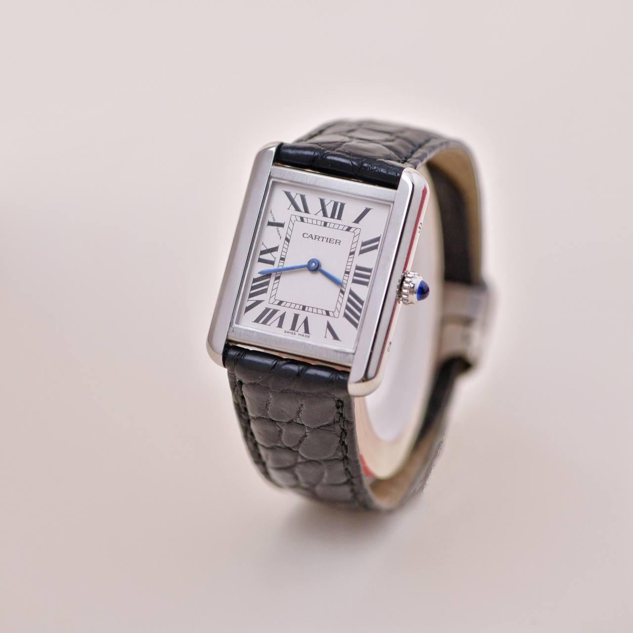 Cartier Tank Solo W5200005 Stainless Steel Leather Wristwatch In Excellent Condition For Sale In Banbury, GB