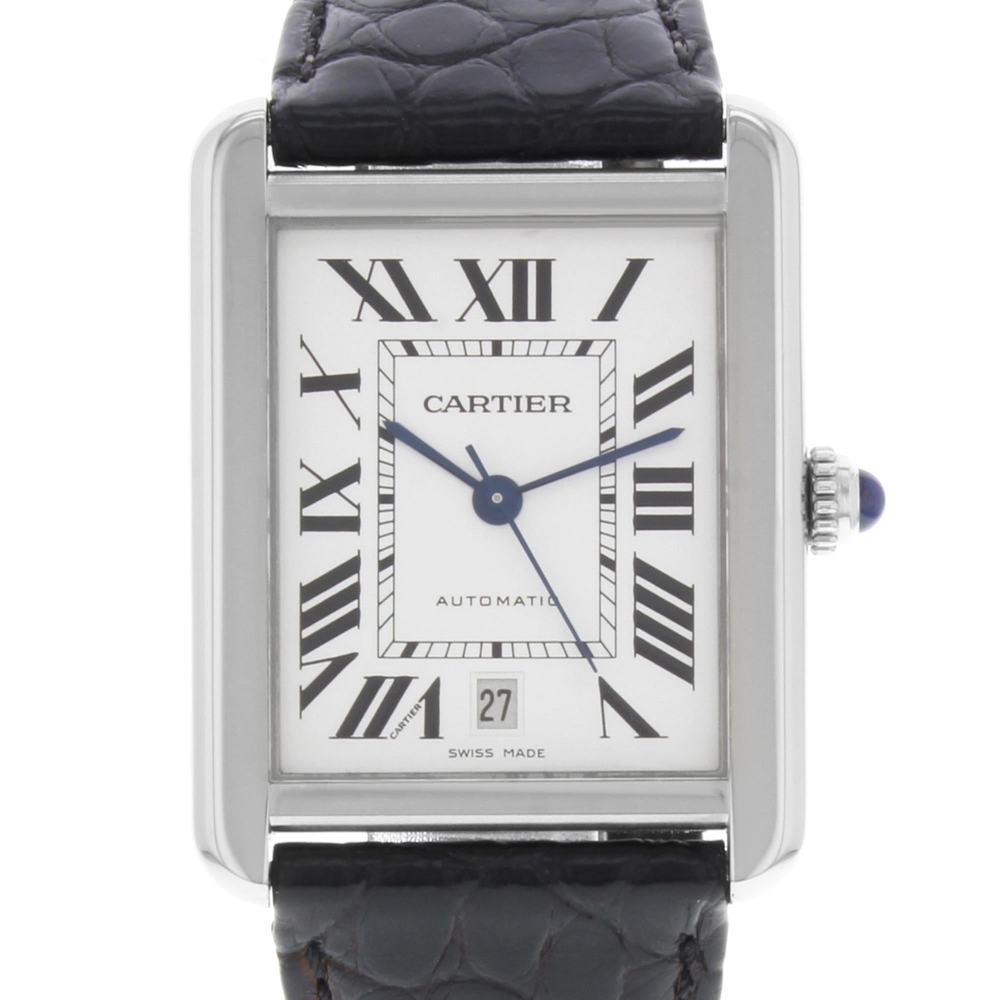 This pre-owned Cartier Tank W5200027  is a beautiful men's timepiece that is powered by an automatic movement which is cased in a stainless steel case. It has a rectangle shape face, date dial and has hand roman numerals style markers. It is