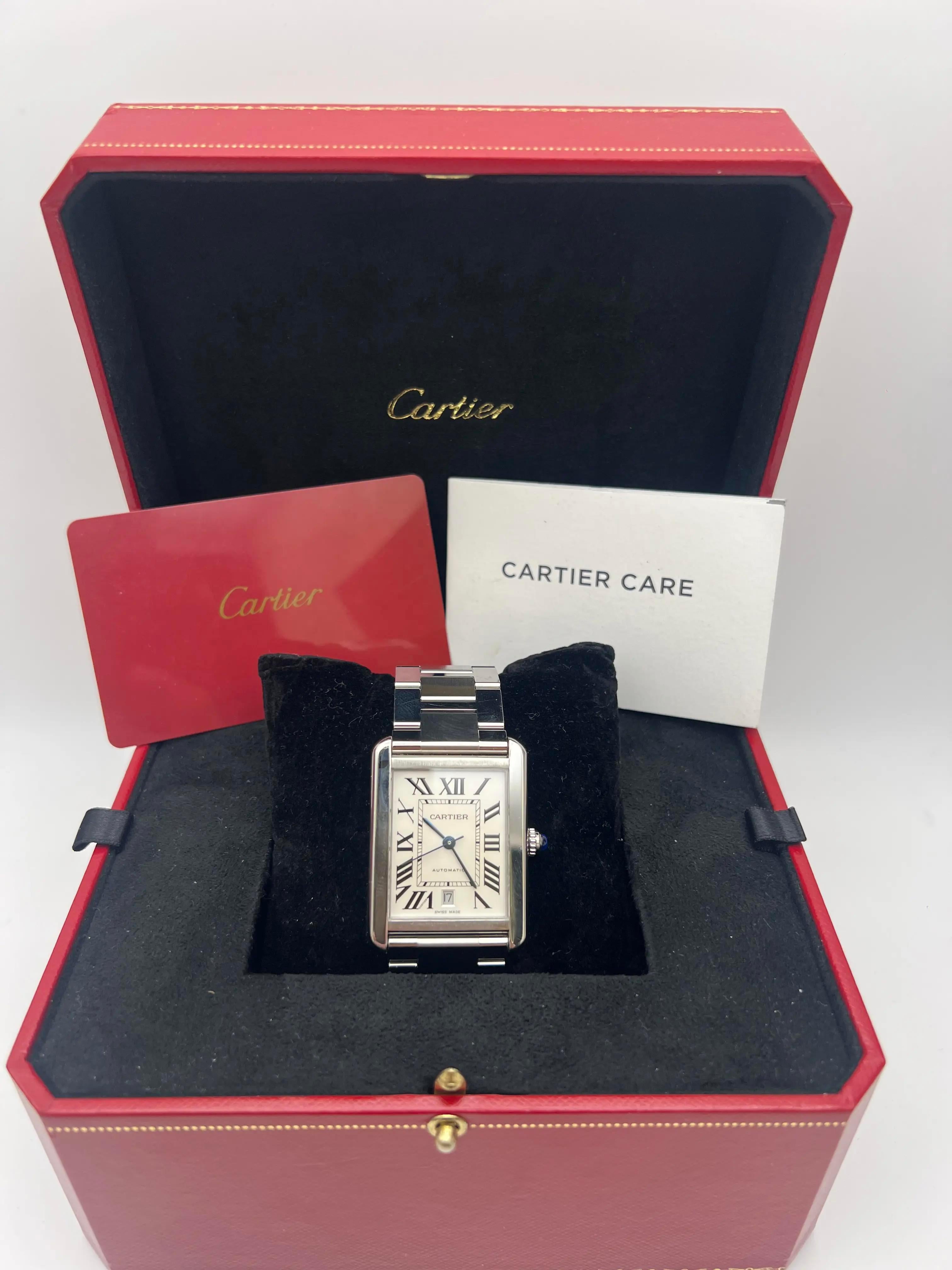 The Cartier Tank Solo XL (ref. W5200028) is a modern interpretation of Cartier’s legendary Tank, combining clean lines with a versatile mid-size presence. The stainless steel case measures 31mm x 41mm and features the brand’s signature polished