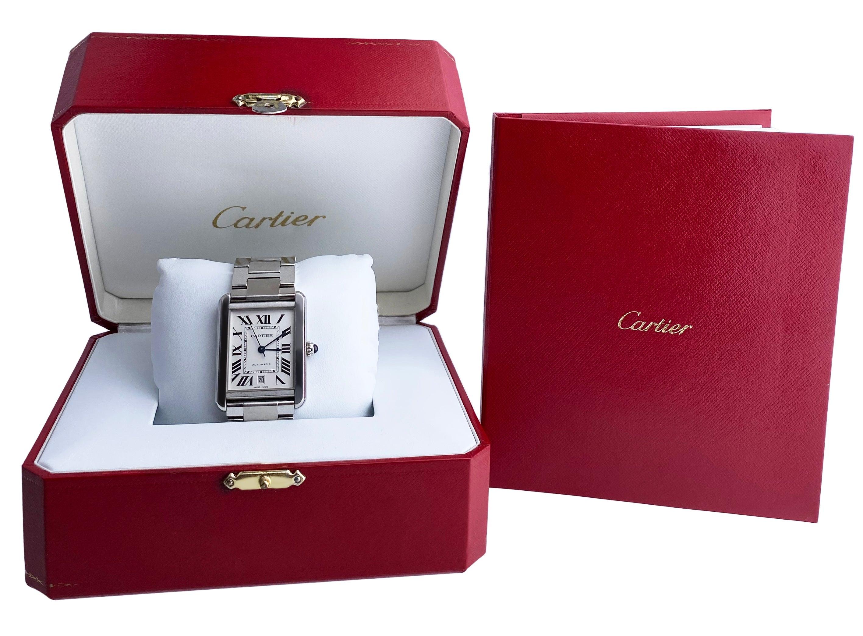 
Cartier Tank Solo XL 3800 Men's Watch. 31mm stainless steel case with smooth stainless steel bezel. Silvered opaline dial with blue steel hands and Roman numeral hour markers. Minute markers around an inner ring. Date display at the 6 o'clock