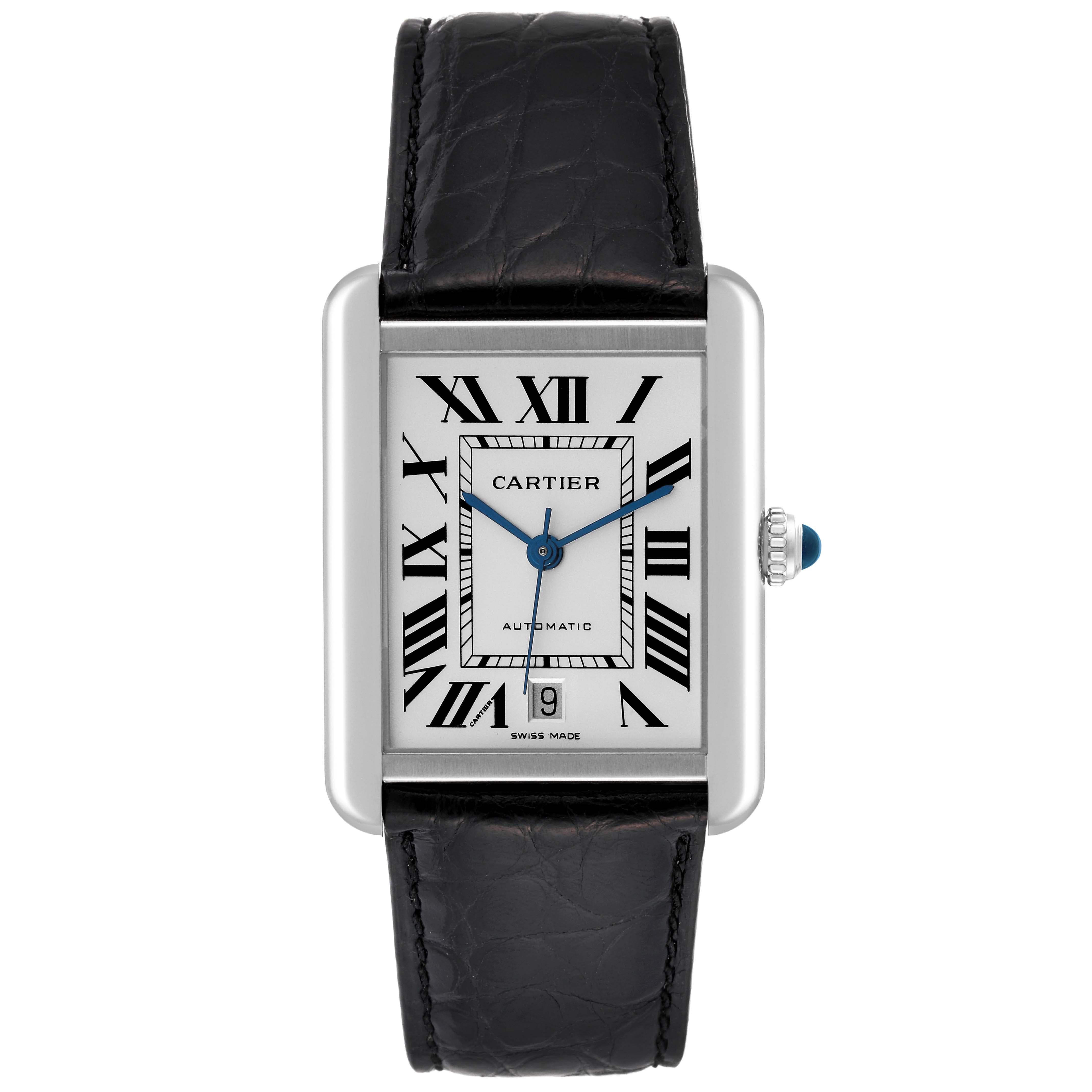 Cartier Tank Solo XL Automatic Silver Dial Steel Mens Watch W5200027. Automatic self-winding movement. Stainless steel case 31.0 x 40.85 mm. Circular grained crown set with the blue spinel cabochon. . Scratch resistant sapphire crystal. Silver