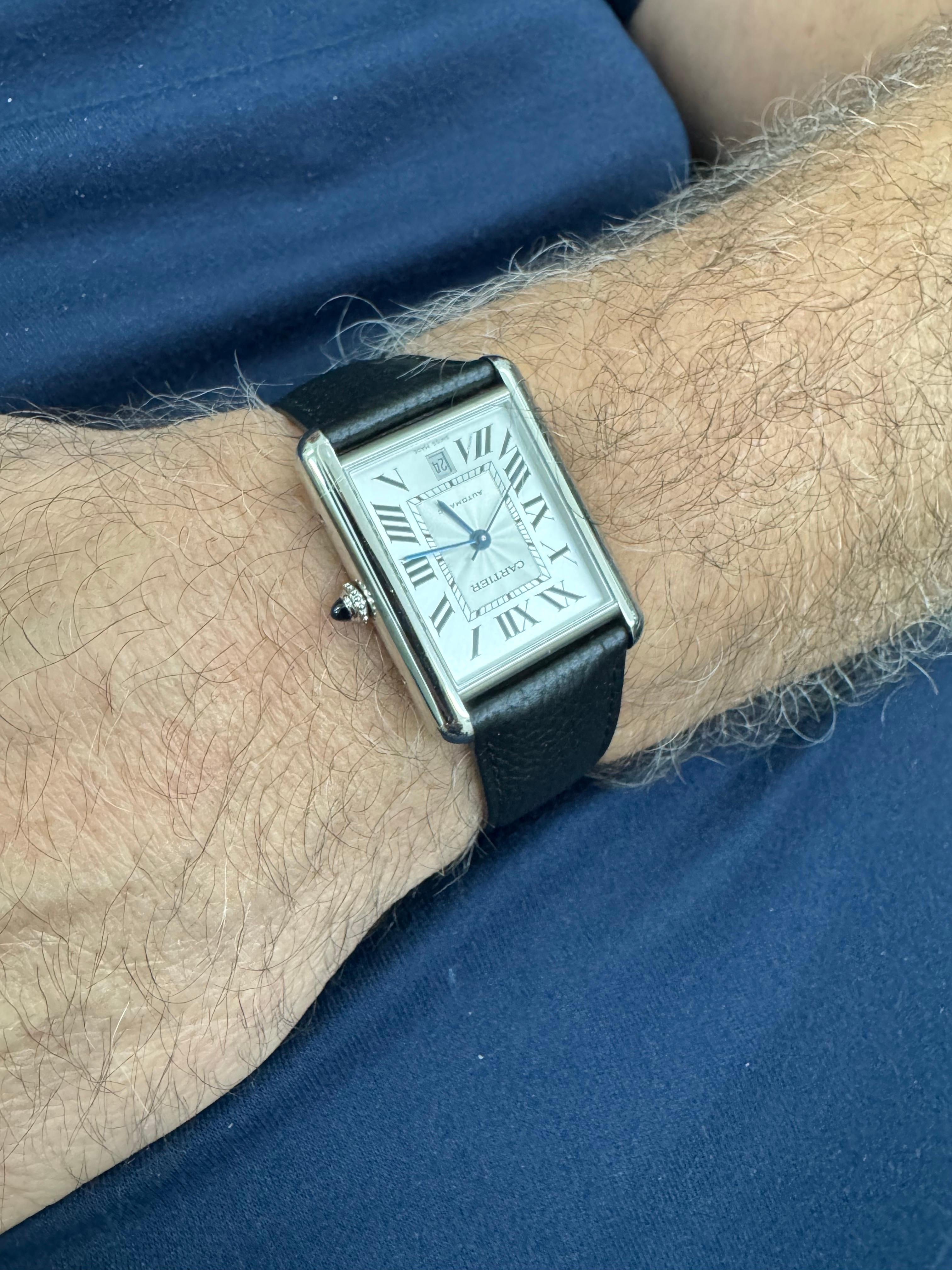 Cartier Tank Solo XL Automatic Stainless Steel Watch, Black Leather Strap In Excellent Condition For Sale In Miami, FL
