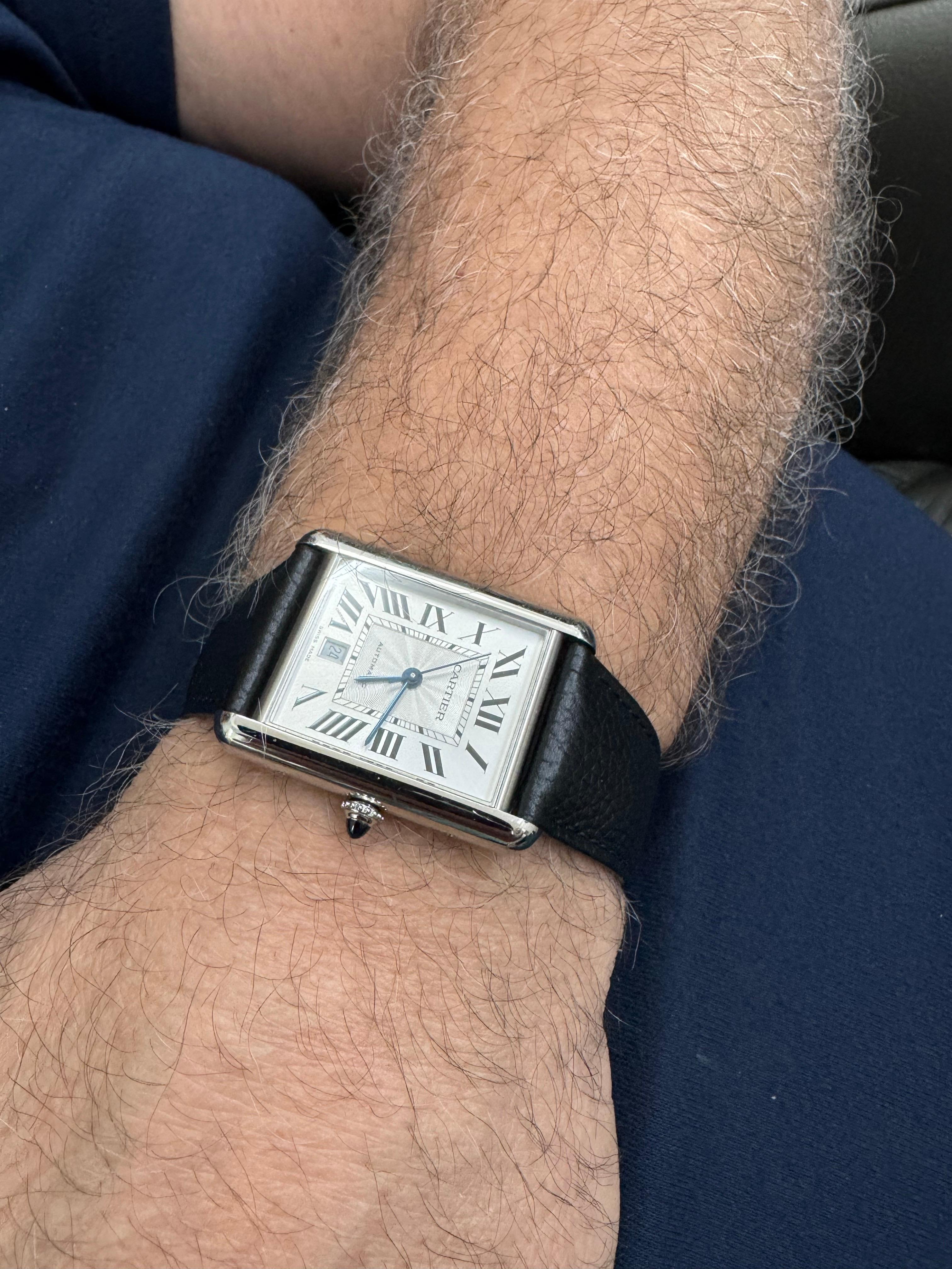 Women's or Men's Cartier Tank Solo XL Automatic Stainless Steel Watch, Black Leather Strap For Sale