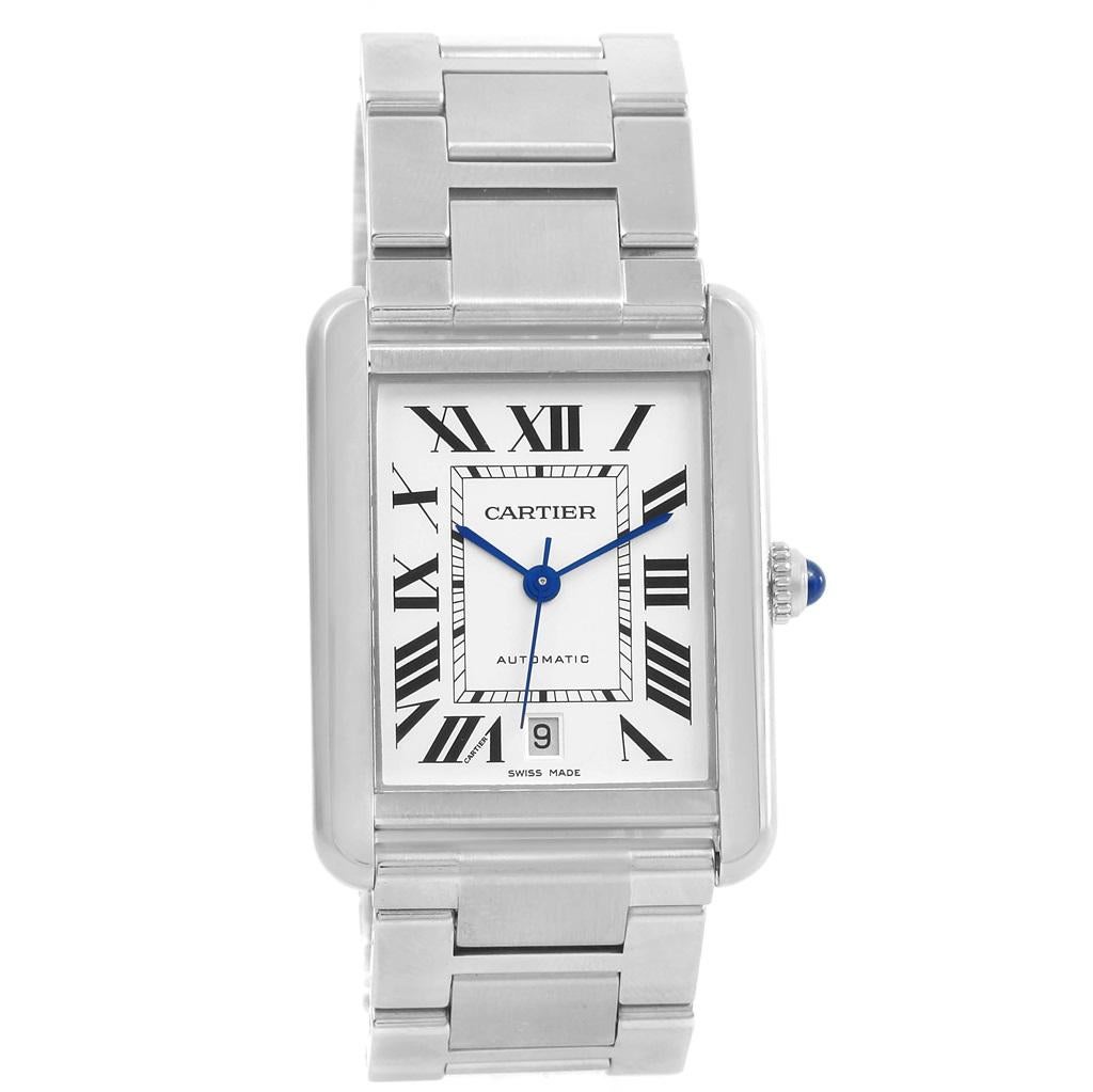 Cartier Tank Solo XL Automatic Steel Mens Watch W5200028 Box Papers. Automatic self-winding movement. Stainless steel case 31.0 x 40.85 mm. Circular grained crown set with the blue sapphire cabochon. Fixed stainless steel bezel. Scratch resistant