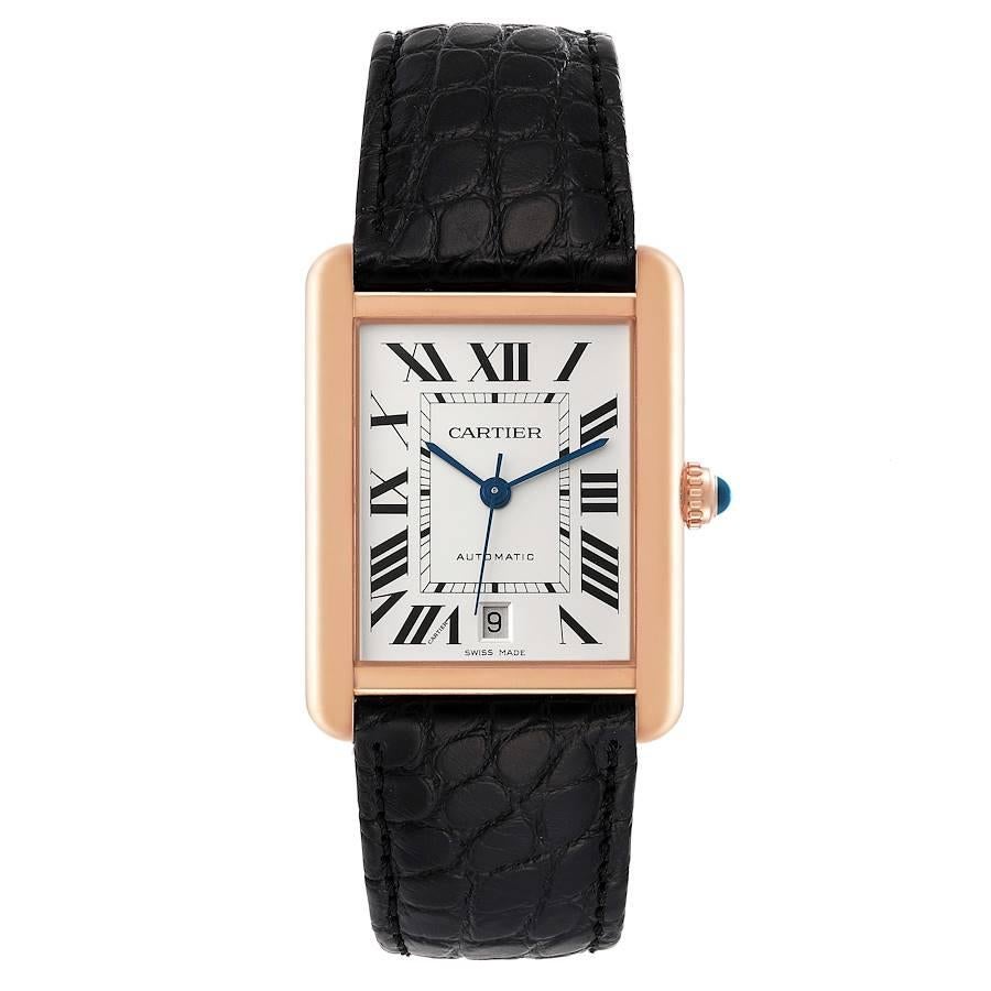 Cartier Tank Solo XL Rose Gold Silver Dial Mens Watch W5200026. Automatic self-winding movement. 18K rose gold case 31.0 x 40.85 mm. Stainless steel case back. Circular grained crown set with blue sapphire cabochon. . Scratch resistant sapphire