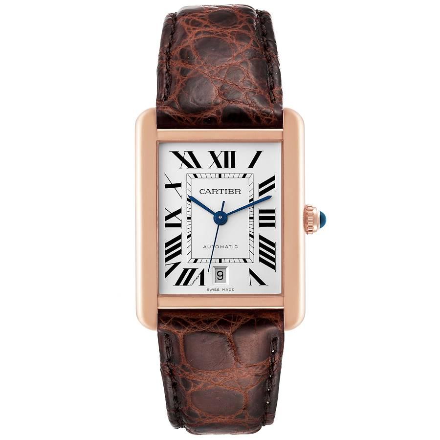 Cartier Tank Solo XL Rose Gold Silver Dial Mens Watch W5200026. Automatic self-winding movement. 18K rose gold case 31.0 x 40.85 mm. Stainless steel case back. Circular grained crown set with blue sapphire cabochon. . Scratch resistant sapphire
