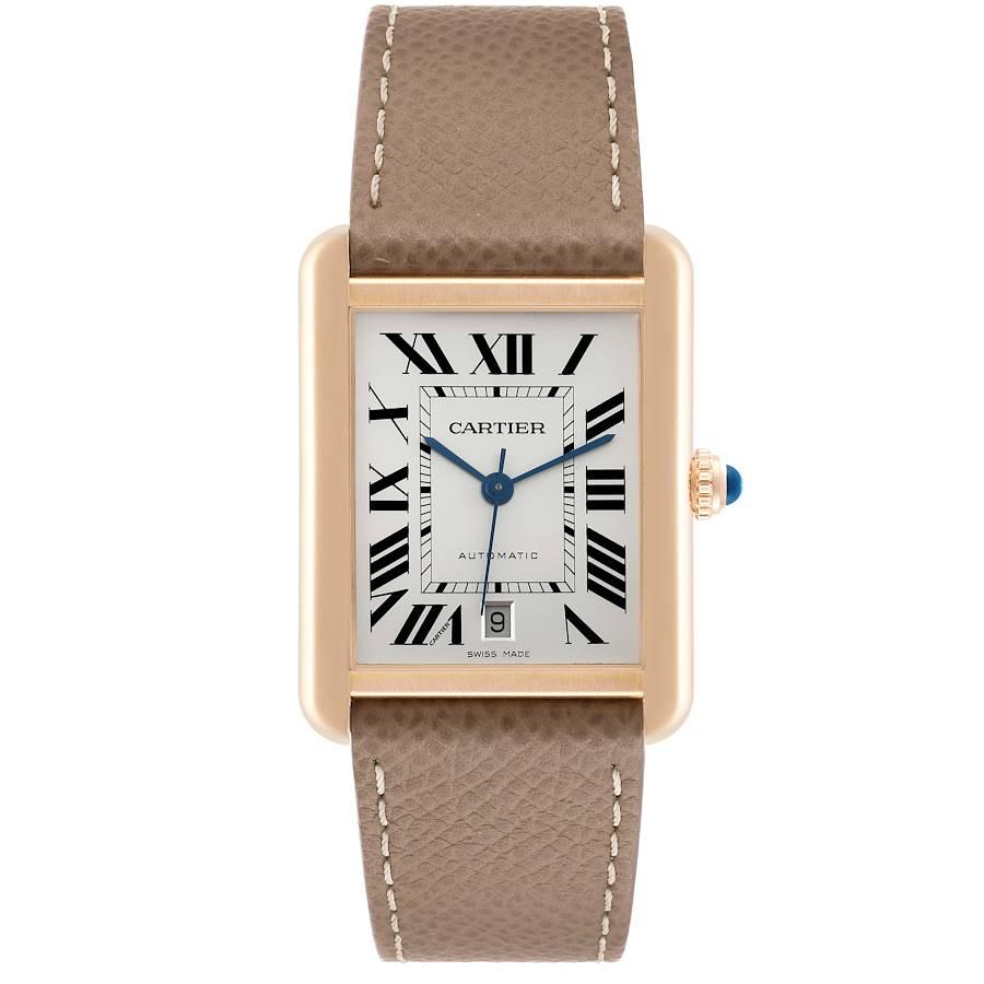 Cartier Tank Solo XL Rose Gold Silver Dial Mens Watch W5200026. Automatic self-winding movement. 18K rose gold case 31 mm x 41 mm. Stainless steel case back. Circular grained crown set with a blue sapphire cabochon. . Scratch resistant sapphire