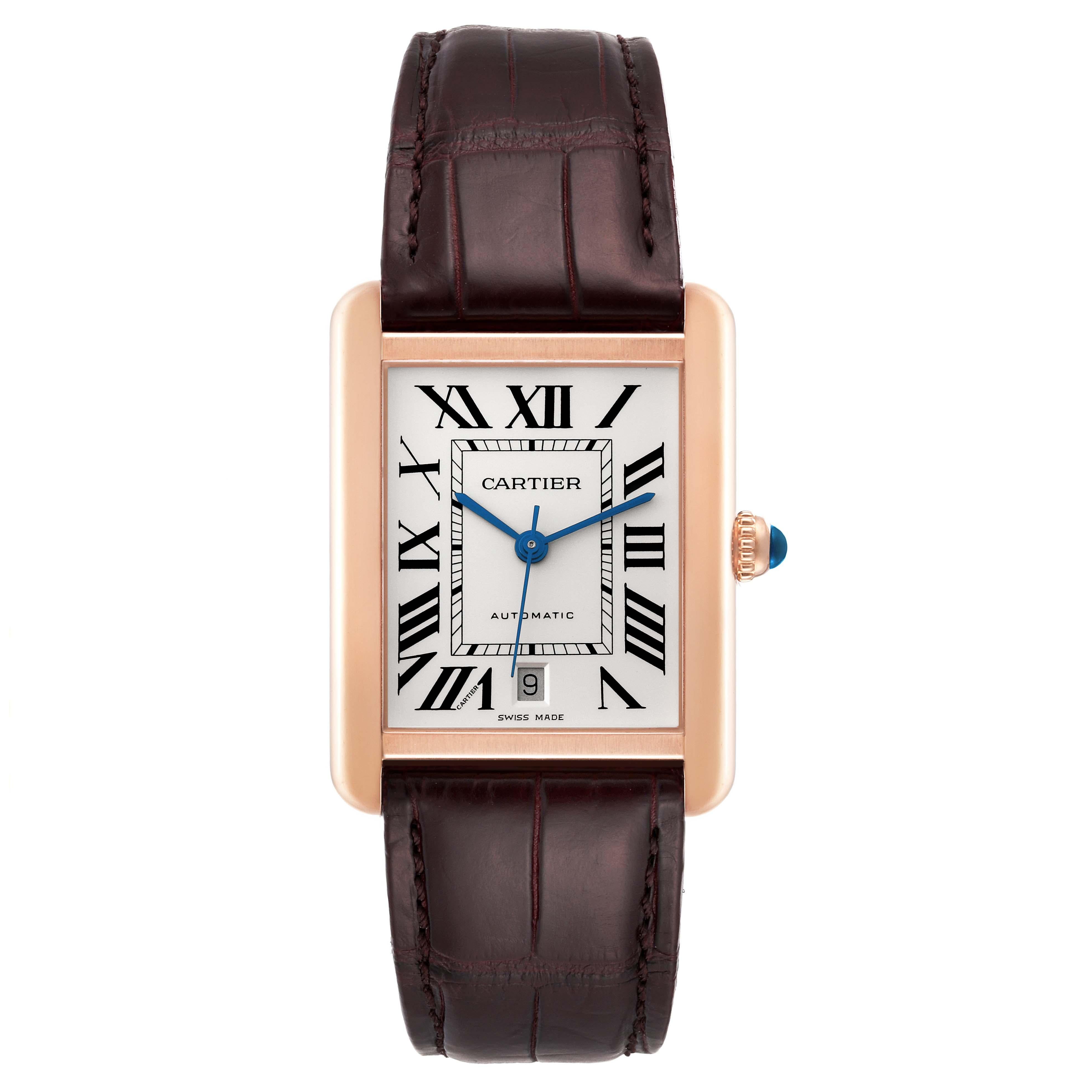 Cartier Tank Solo XL Rose Gold Silver Dial Mens Watch W5200026. Automatic self-winding movement. 18K rose gold case 31 mm x 41 mm. Stainless steel case back. Circular grained crown set with a blue spinel cabochon. . Scratch resistant sapphire