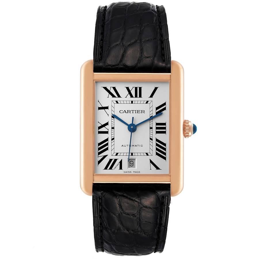 Cartier Tank Solo XL Rose Gold Silver Dial Steel Mens Watch W5200026. Automatic self-winding movement. 18K rose gold and stainless steel case 31.0 x 40.85 mm. Circular grained crown set with the blue sapphire cabochon. . Scratch resistant sapphire