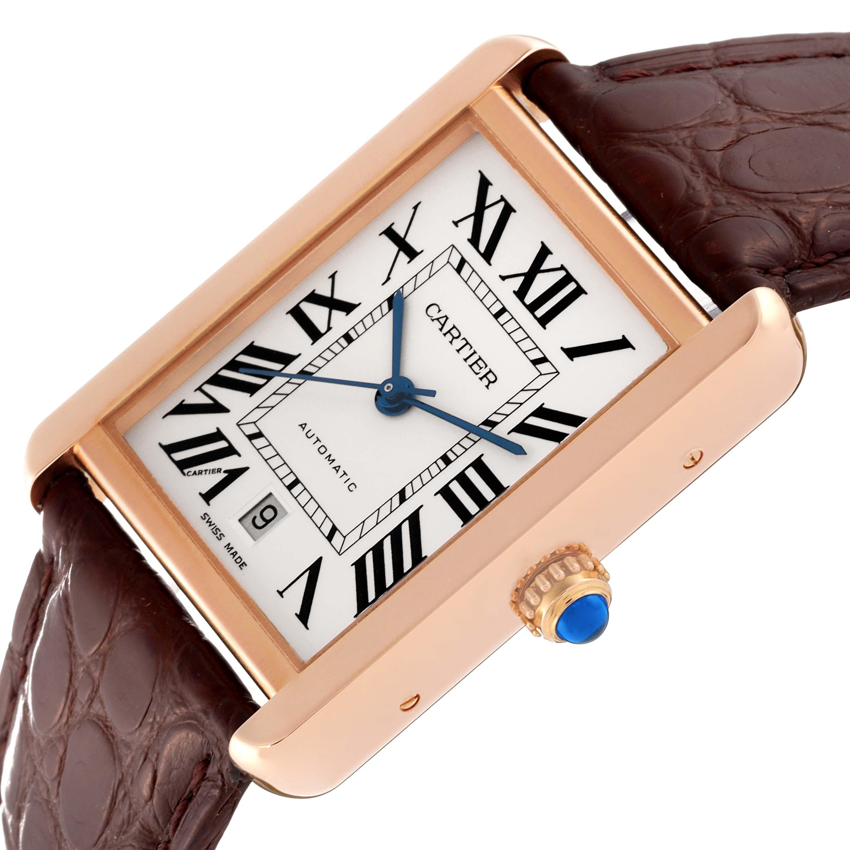 Cartier Tank Solo XL Rose Gold Steel Silver Dial Mens Watch W5200026 Card. Automatic self-winding movement. 18K rose gold case 31 mm x 41 mm. Stainless steel case back. Circular grained crown set with a blue spinel cabochon. . Scratch resistant