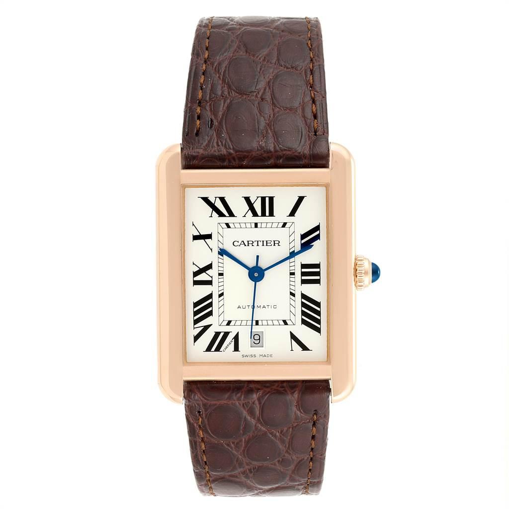 Cartier Tank Solo XL Rose Gold Steel Silver Dial Mens Watch W5200026. Automatic self-winding movement. 18K rose gold and stainless steel case 31.0 x 40.85 mm. Circular grained crown set with the blue sapphire cabochon. Scratch resistant sapphire