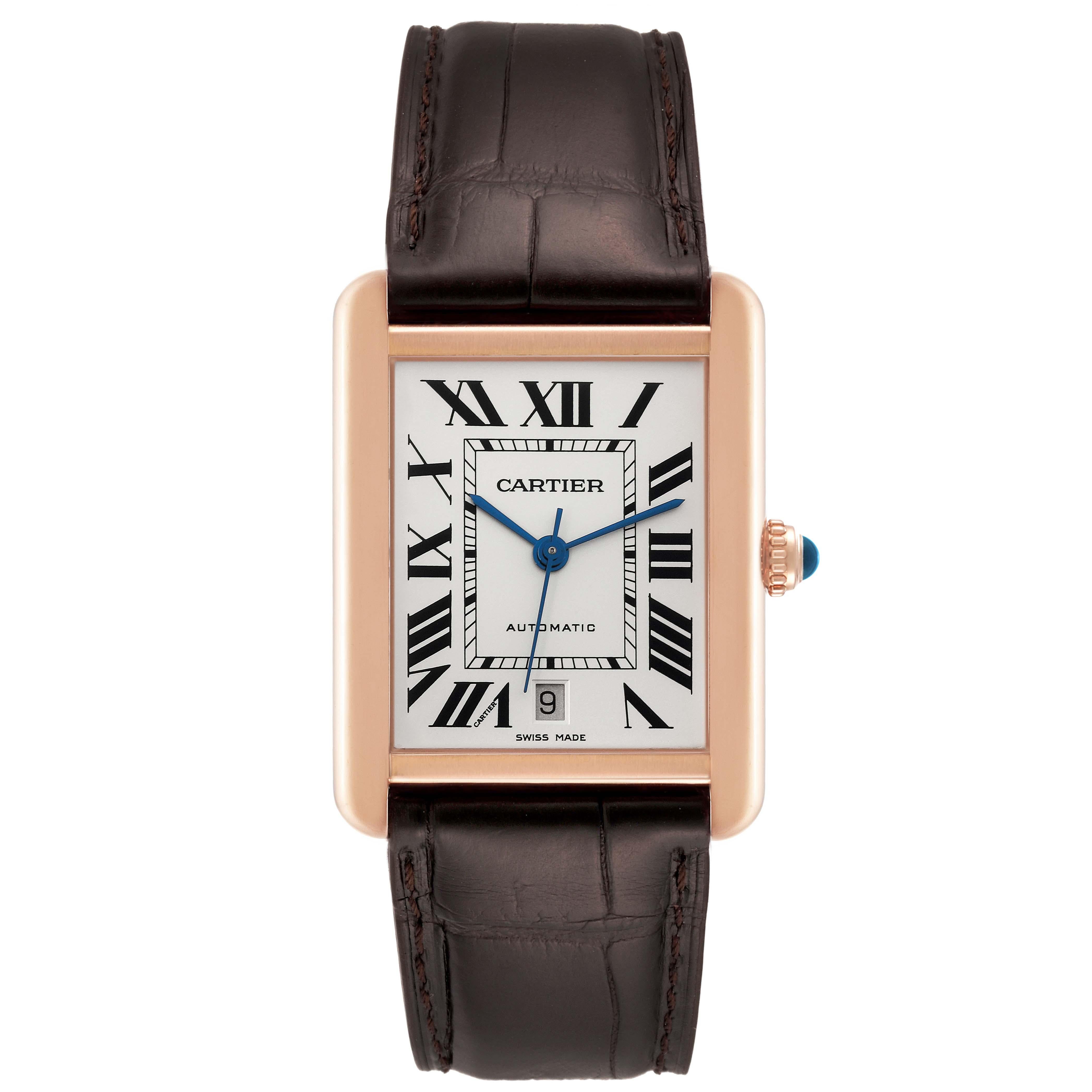Cartier Tank Solo XL Rose Gold Steel Silver Dial Mens Watch W5200026. Automatic self-winding movement. 18K rose gold case 31 mm x 41 mm. Stainless steel case back. Circular grained crown set with a blue spinel cabochon. . Scratch resistant sapphire