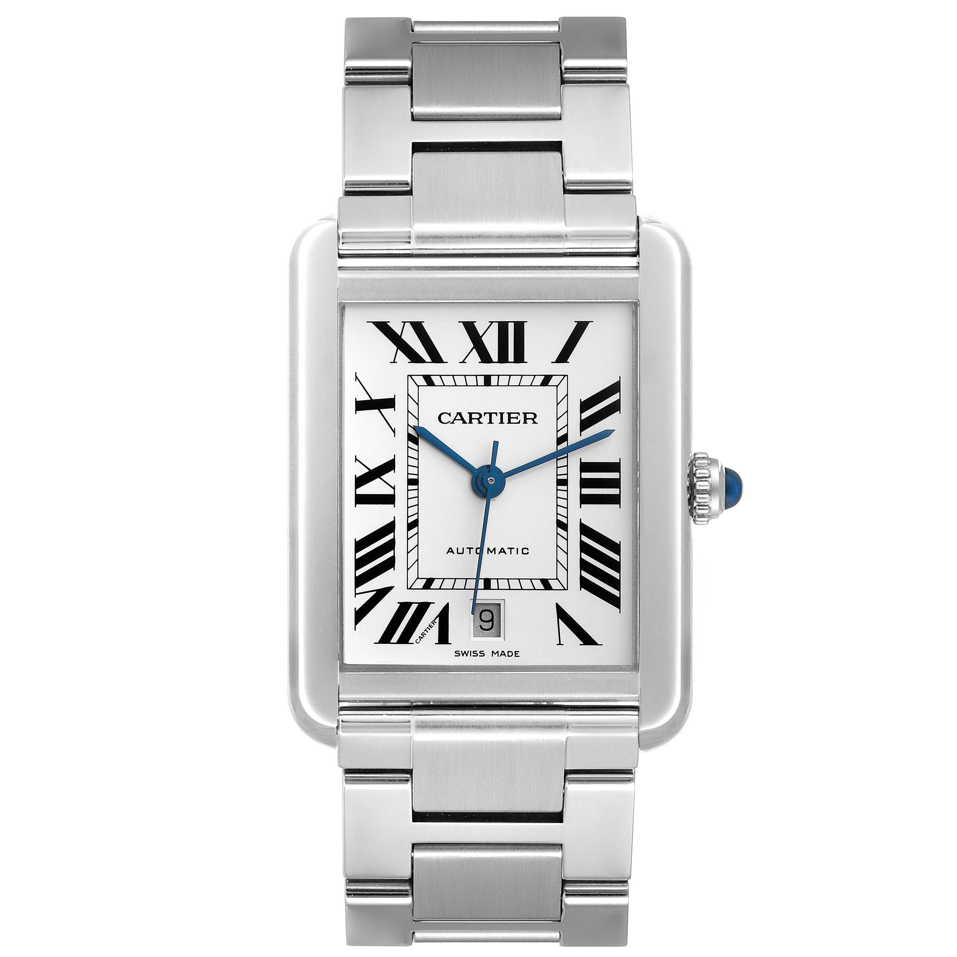 Cartier Tank Solo XL Silver Dial Automatic Steel Mens Watch W5200028 Card. Automatic self-winding movement. Stainless steel case 31.0 x 40.85 mm. Circular grained crown set with the blue spinel cabochon. . Scratch resistant sapphire crystal. Silver