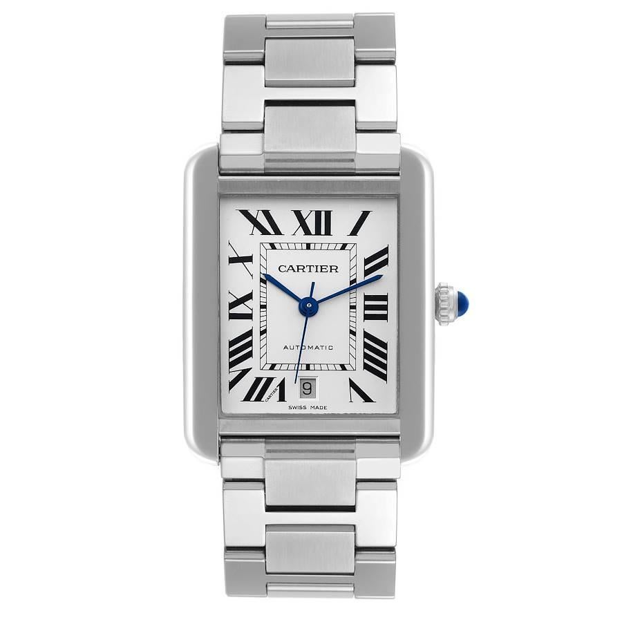 Cartier Tank Solo XL Silver Dial Automatic Steel Mens Watch W5200028. Automatic self-winding movement. Stainless steel case 31.0 x 40.85 mm. Circular grained crown set with the blue sapphire cabochon. . Scratch resistant sapphire crystal. Silver