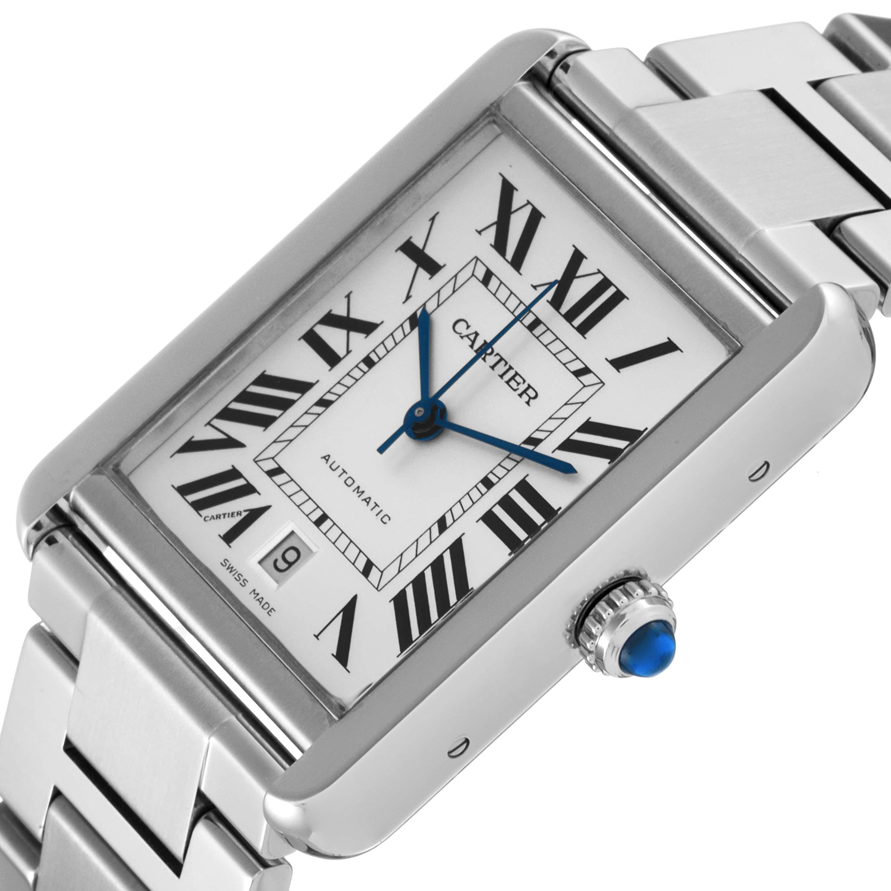 Cartier Tank Solo XL Silver Dial Automatic Steel Mens Watch W5200028. Automatic self-winding movement. Stainless steel case 31.0 x 40.85 mm. Circular grained crown set with a blue spinel cabochon. . Scratch resistant sapphire crystal. Silver opaline