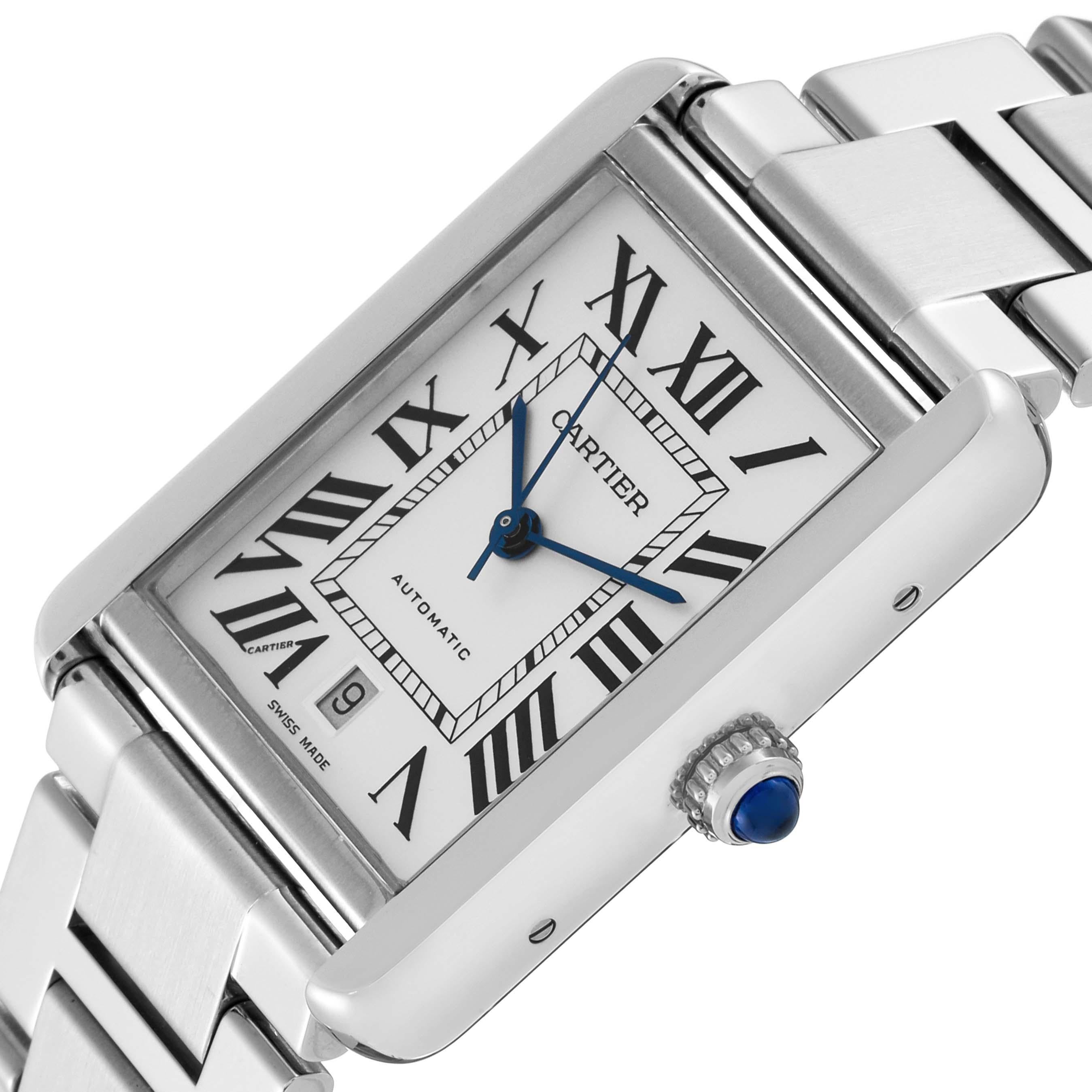 Cartier Tank Solo XL Silver Dial Automatic Steel Mens Watch W5200028. Automatic self-winding movement. Stainless steel case 31.0 x 40.85 mm. Circular grained crown set with a blue spinel cabochon. . Scratch resistant sapphire crystal. Silver opaline