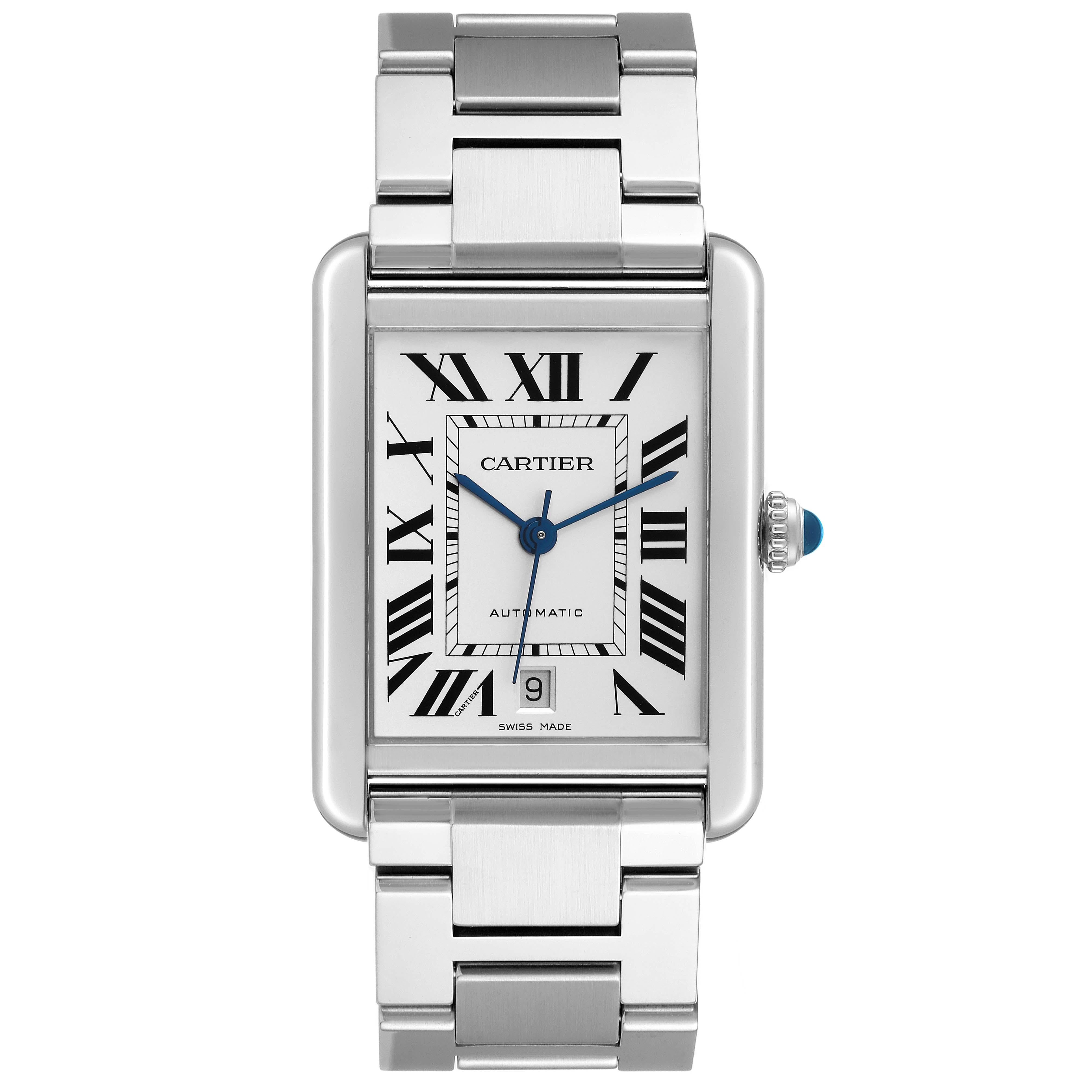 Cartier Tank Solo XL Silver Dial Automatic Steel Mens Watch W5200028 Papers. Automatic self-winding movement. Stainless steel case 31.0 x 40.85 mm. Circular grained crown set with the blue spinel cabochon. . Scratch resistant sapphire crystal.