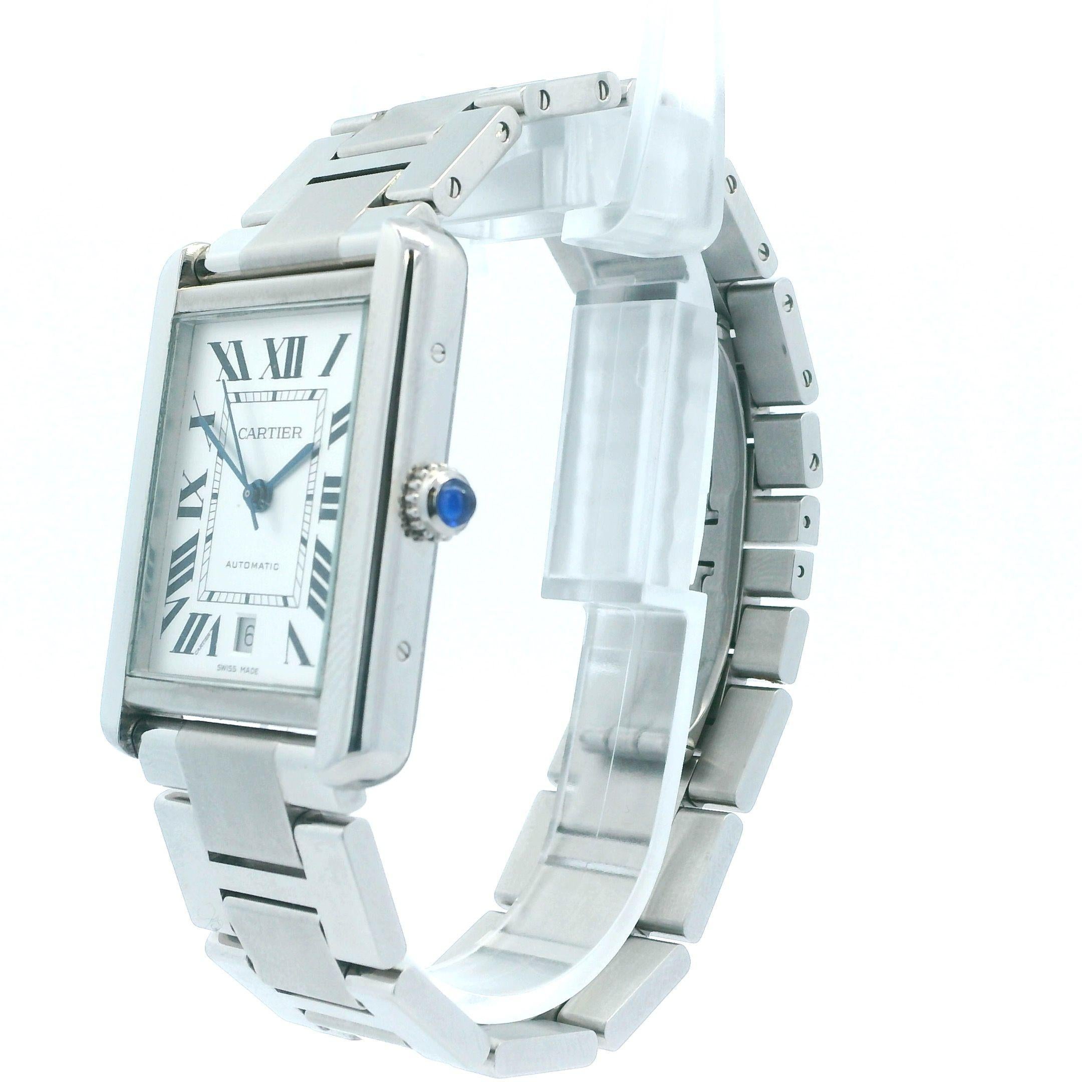 Cartier Tank Solo XL W5200028 / 3800 Mens Watch. 31mm X 40.5mm lug to lug, stainless steel case. Silver dial with blue steel hands and Roman numeral hour markers. The date is displayed at the 6 o'clock position. Stainless steel bracelet with hidden