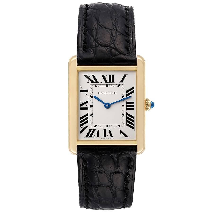 Cartier Tank Solo Yellow Gold Steel Black Strap Large Watch W5200004. Quartz movement. 18k yellow gold/steel back case 34.0 x 27.0 mm. Circular grained crown set with the blue spinel cabochon. . Scratch resistant sapphire crystal. Silver opline