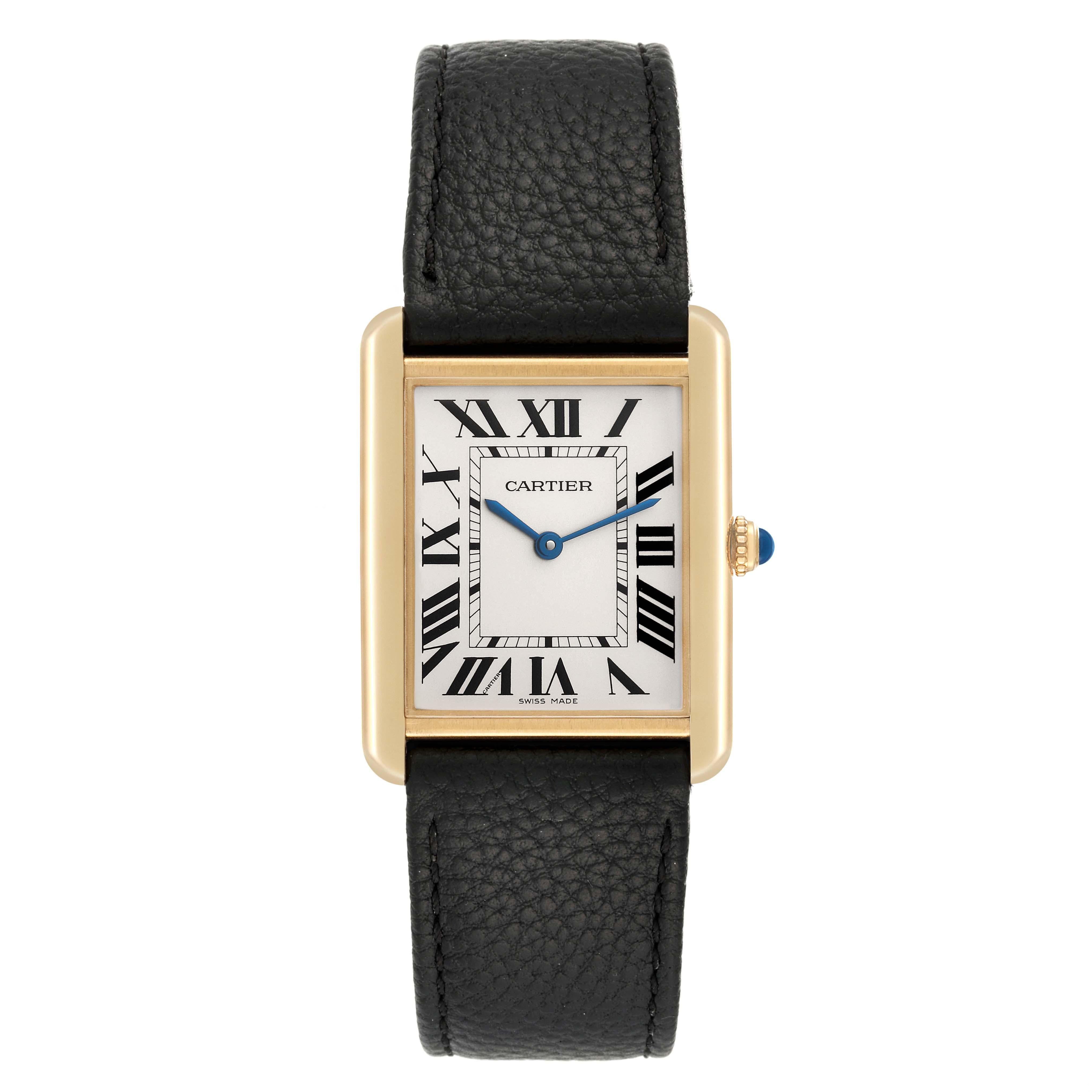 Cartier Tank Solo Yellow Gold Steel Black Strap Mens Watch W1018855. Quartz movement. 18k yellow gold/steel caseback 34.0 x 27.0 mm. Circular grained crown set with a blue spinel cabochon. . Scratch resistant sapphire crystal. Silver opaline dial
