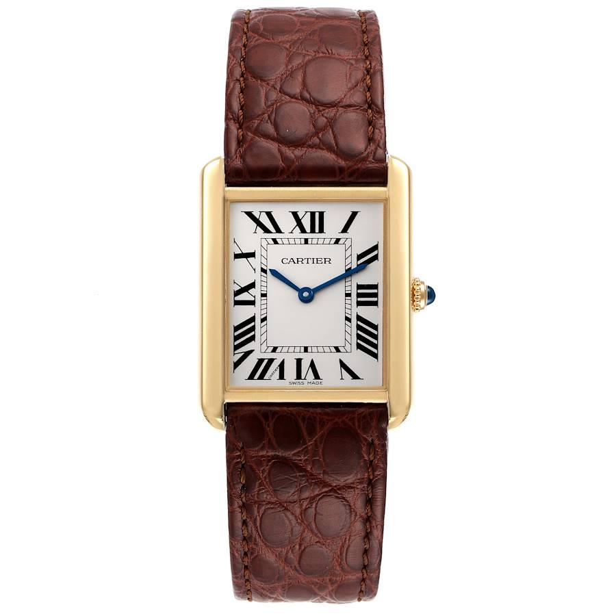 Cartier Tank Solo Yellow Gold Steel Brown Strap Large Watch W5200004 Box Papers. Quartz movement. 18k yellow gold/steel back case 34.0 x 27.0 mm. Circular grained crown set with the blue spinel cabochon. . Scratch resistant sapphire crystal. Silver