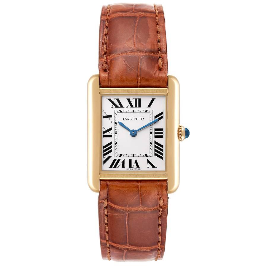 Cartier Tank Solo Yellow Gold Steel Silver Dial Ladies Watch W1018755 Box Papers. Quartz movement. 18k yellow gold and steel back case 24 mm x 30 mm. Circular grained crown set with the blue spinel cabochon. . Scratch resistant sapphire crystal.