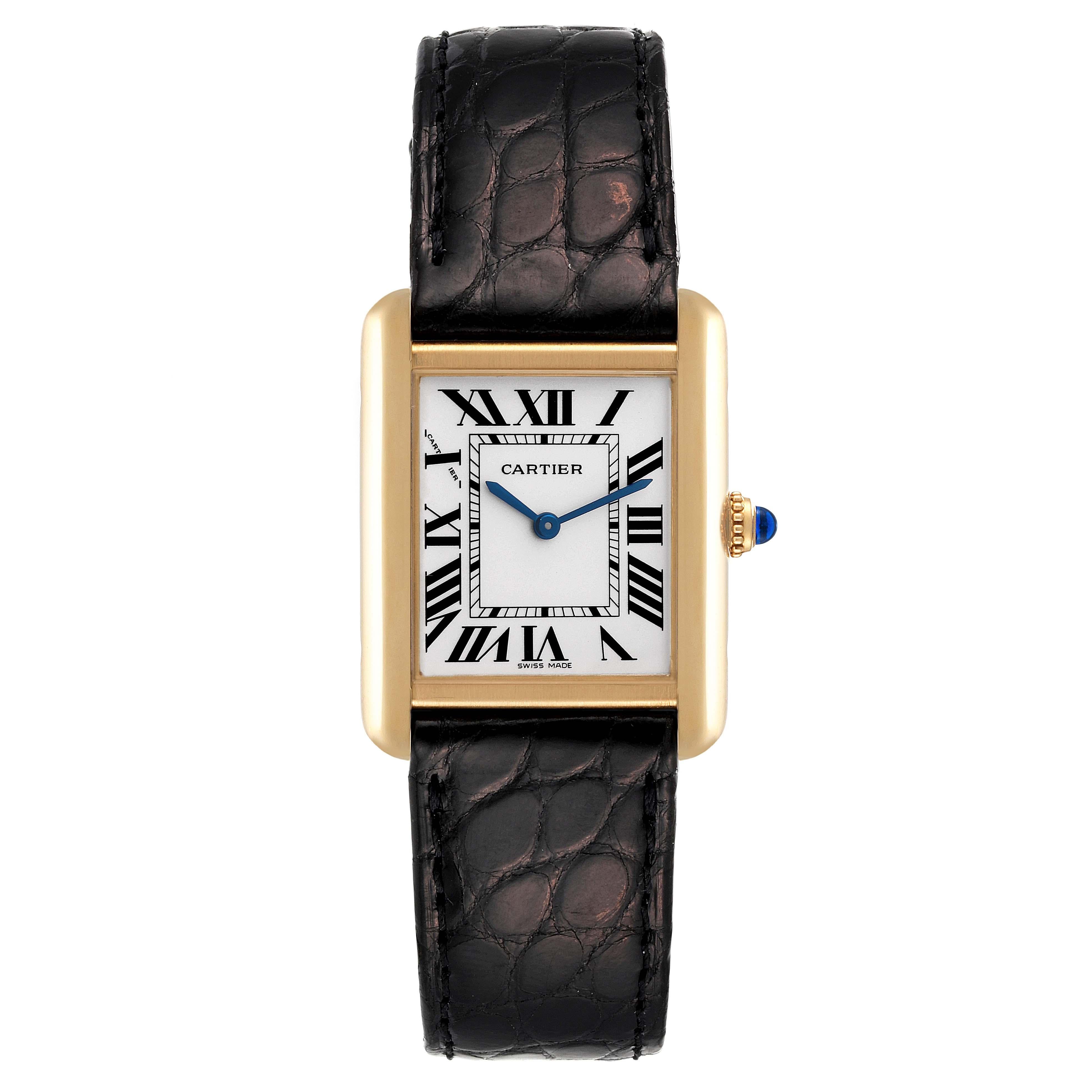 Cartier Tank Solo Yellow Gold Steel Silver Dial Ladies Watch W5200002 Box Papers. Quartz movement. 18k yellow gold and steel case back 30.0 x 24.4 mm. Circular grained crown set with the blue spinel cabochon. . Scratch resistant sapphire crystal.