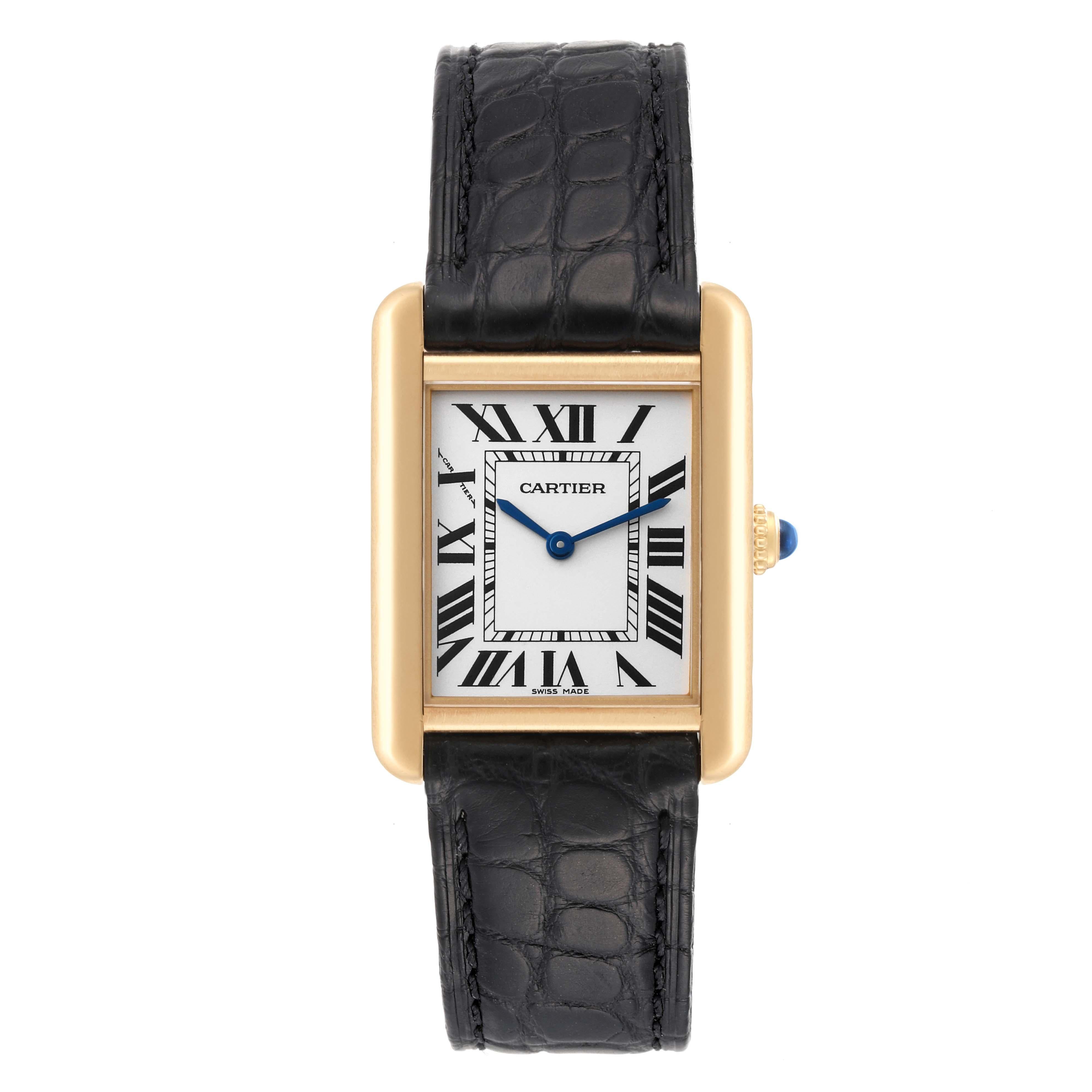 Cartier Tank Solo Yellow Gold Steel Silver Dial Ladies Watch W5200002 Card. Quartz movement. 18k yellow gold and steel case back 30.0 x 24.4 mm. Circular grained crown set with the blue spinel cabochon. . Scratch resistant sapphire crystal. Opaline