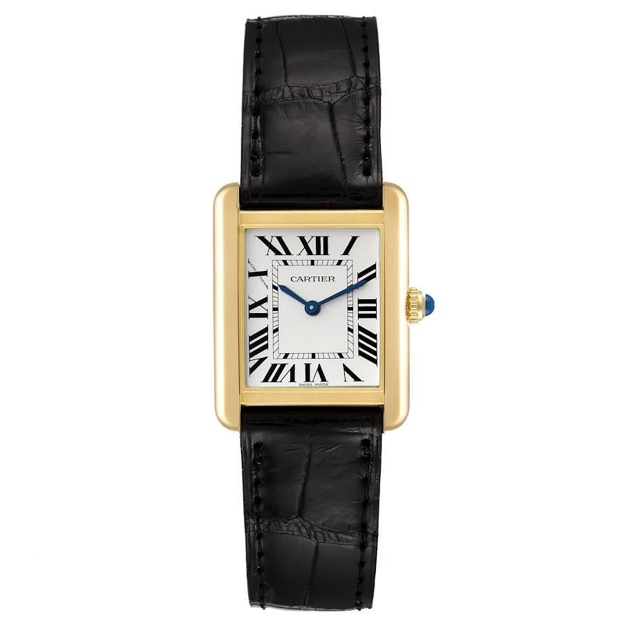 Cartier Tank Solo Yellow Gold Steel Silver Dial Ladies Watch W5200002. Quartz movement. 18k yellow gold and steel case back 30.0 x 24.4 mm. Circular grained crown set with the blue spinel cabochon. . Scratch resistant sapphire crystal. Opaline