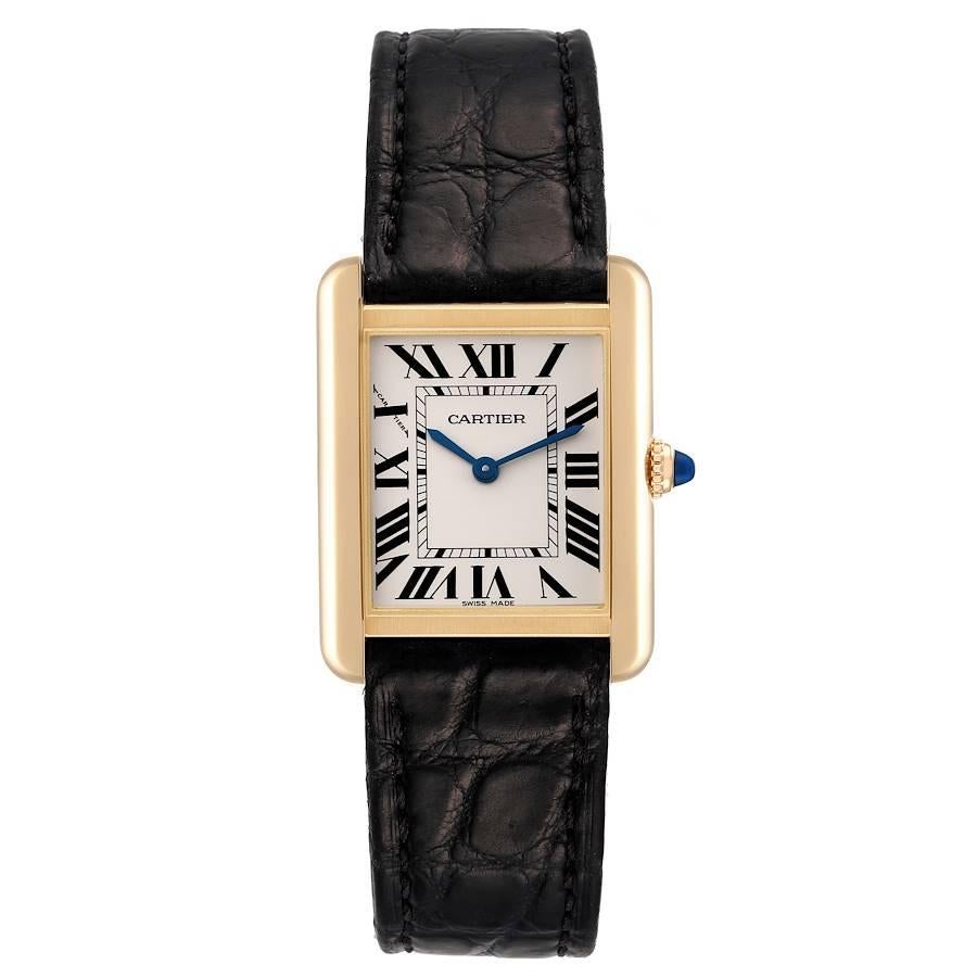 Cartier Tank Solo Yellow Gold Steel Silver Dial Ladies Watch W5200002. Quartz movement. 18k yellow gold and steel case back 30.0 x 24.4 mm. Circular grained crown set with the blue spinel cabochon. . Scratch resistant sapphire crystal. Opaline