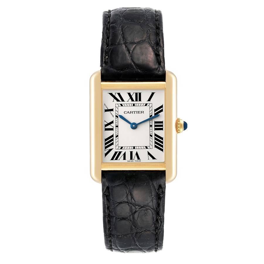 Cartier Tank Solo Yellow Gold Steel Silver Dial Ladies Watch W5200002. Quartz movement. 18k yellow gold and steel case back 30.0 x 24.4 mm. Circular grained crown set with the blue spinel cabochon. . Scratch resistant sapphire crystal. Opaline