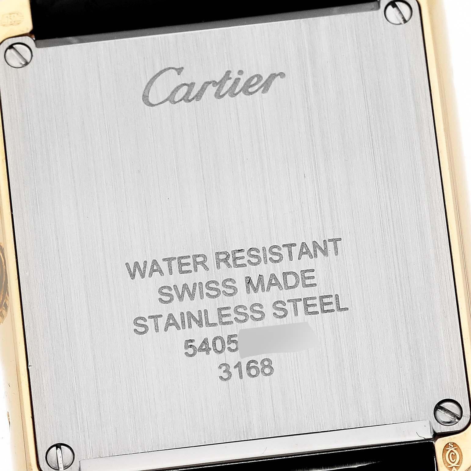 Cartier Tank Solo Yellow Gold Steel Silver Dial Ladies Watch W5200002 Papers. Quartz movement. 18k yellow gold case 30.0 x 24.4 mm. Stainless steel caseback. Circular grained crown set with blue spinel cabochon. . Scratch resistant sapphire crystal.