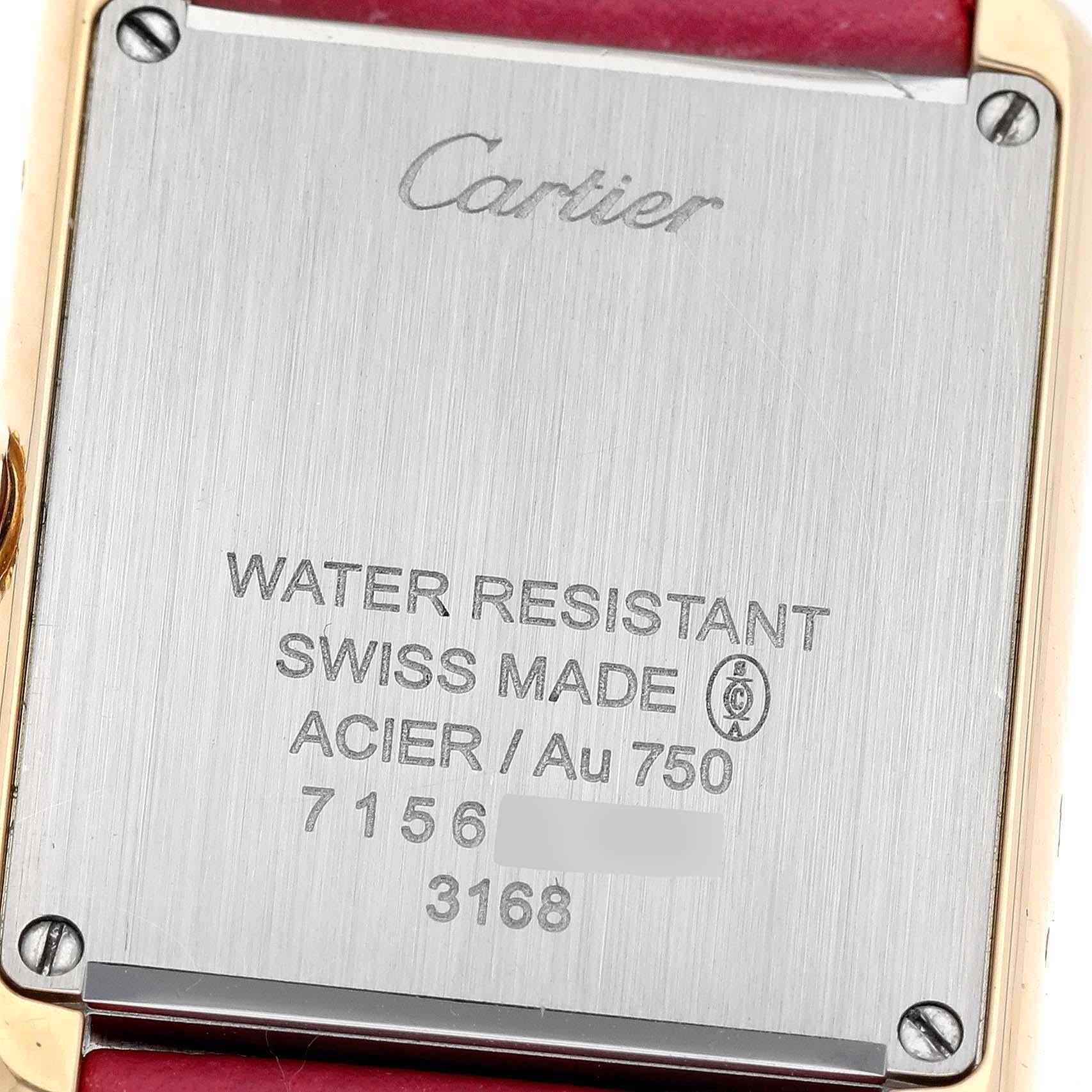 Cartier Tank Solo Yellow Gold Steel Silver Dial Ladies Watch W5200002 Papers. Quartz movement. 18k yellow gold case 30.0 x 24.4 mm. Stainless steel caseback. Circular grained crown set with blue spinel cabochon. . Scratch resistant sapphire crystal.