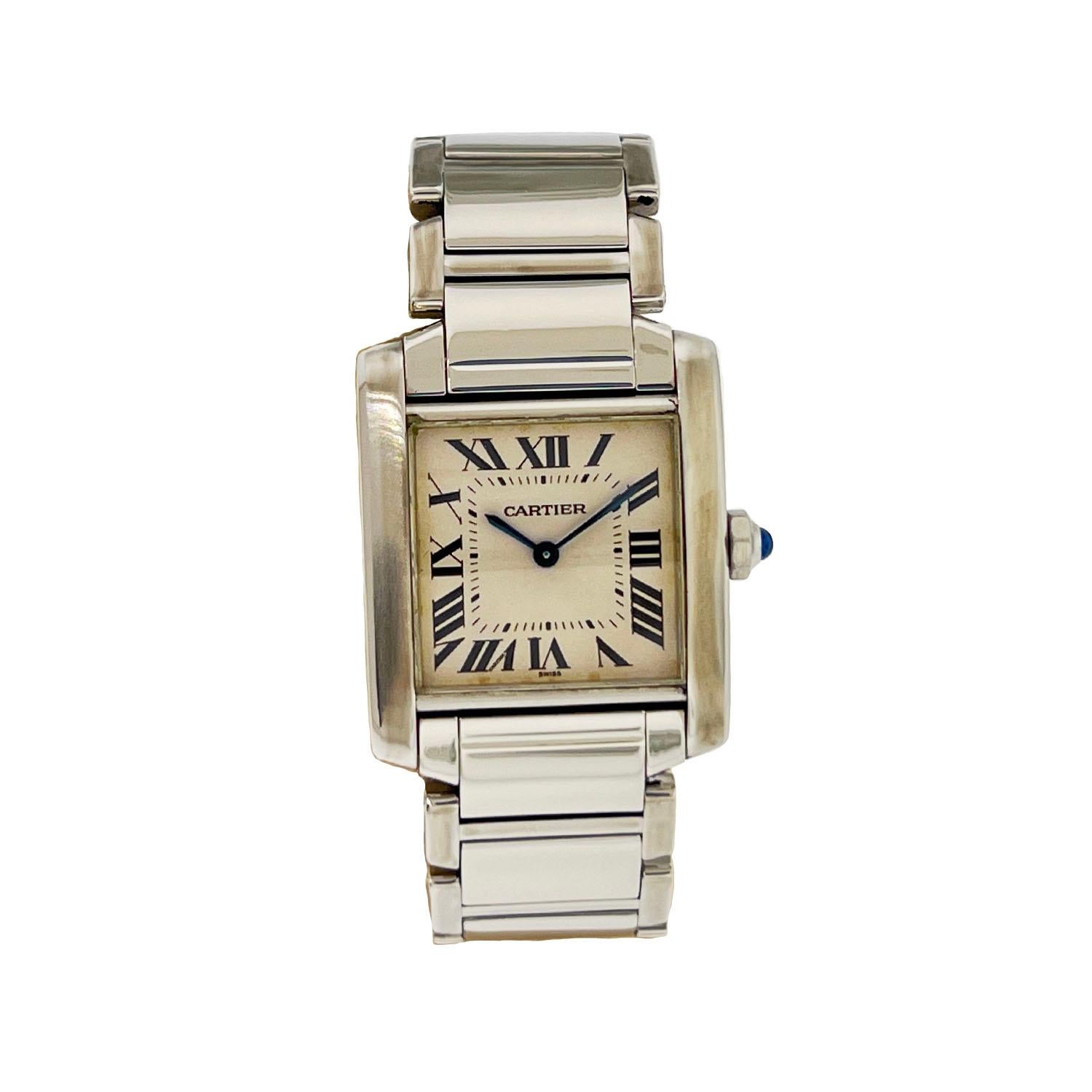 Cartier Tank Stainless Steel Mid Size Ladies Watch

Brand - Cartier

Model - 2301 Tank Mid Size

Dial - White Mother of Pearl dial with Roman numerals

Case - Stainless Steel

Bracelet - Stainless steel bracelet

Movement - Quartz

Bezel - Stainless