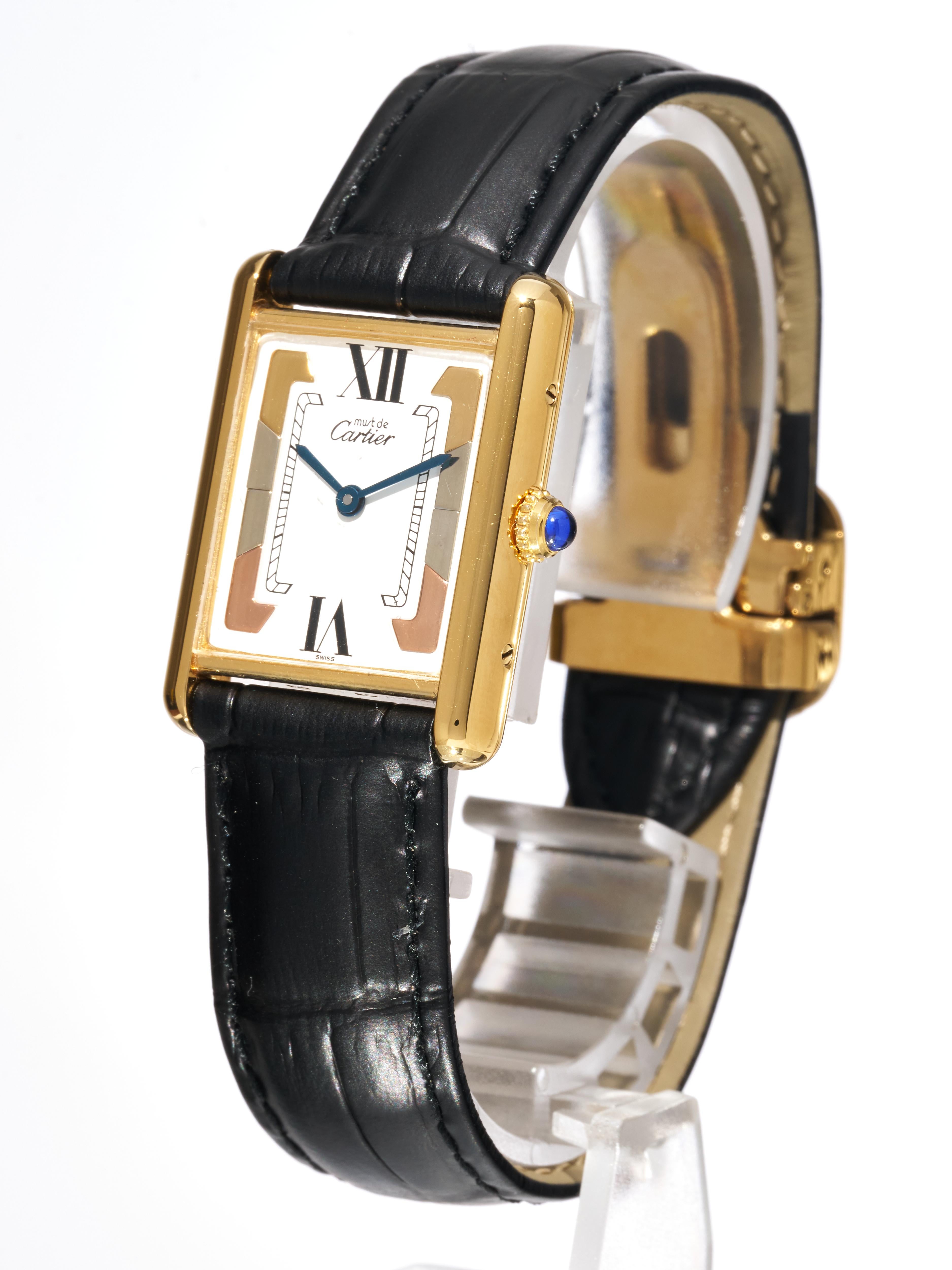 Cartier Tank Trinity Dial 23mm Must de 18K Gold on Silver Quartz Unisex Watch For Sale 6