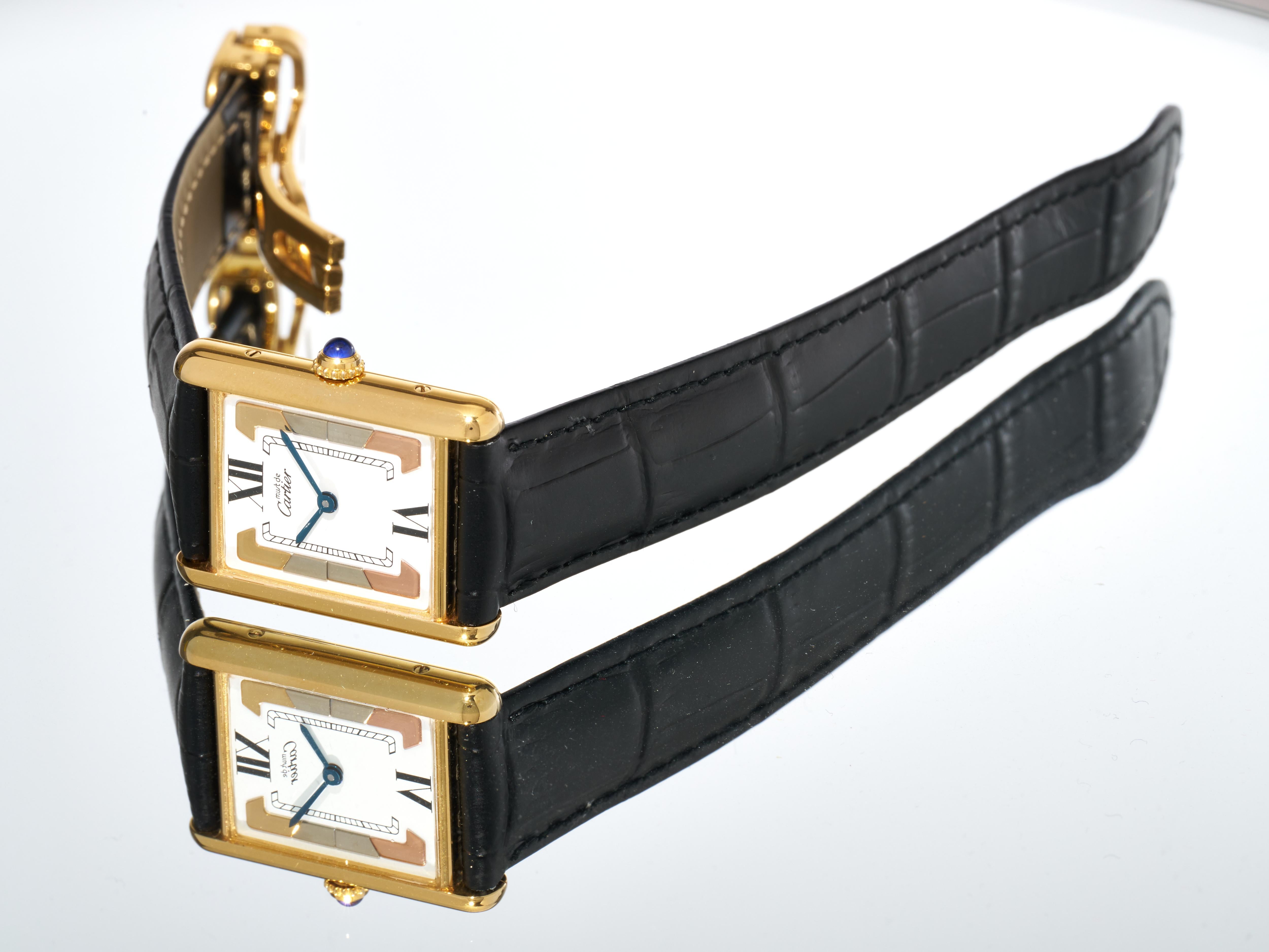 Cartier Tank Trinity Dial 23mm Must de 18K Gold on Silver Quartz Unisex Watch For Sale 7