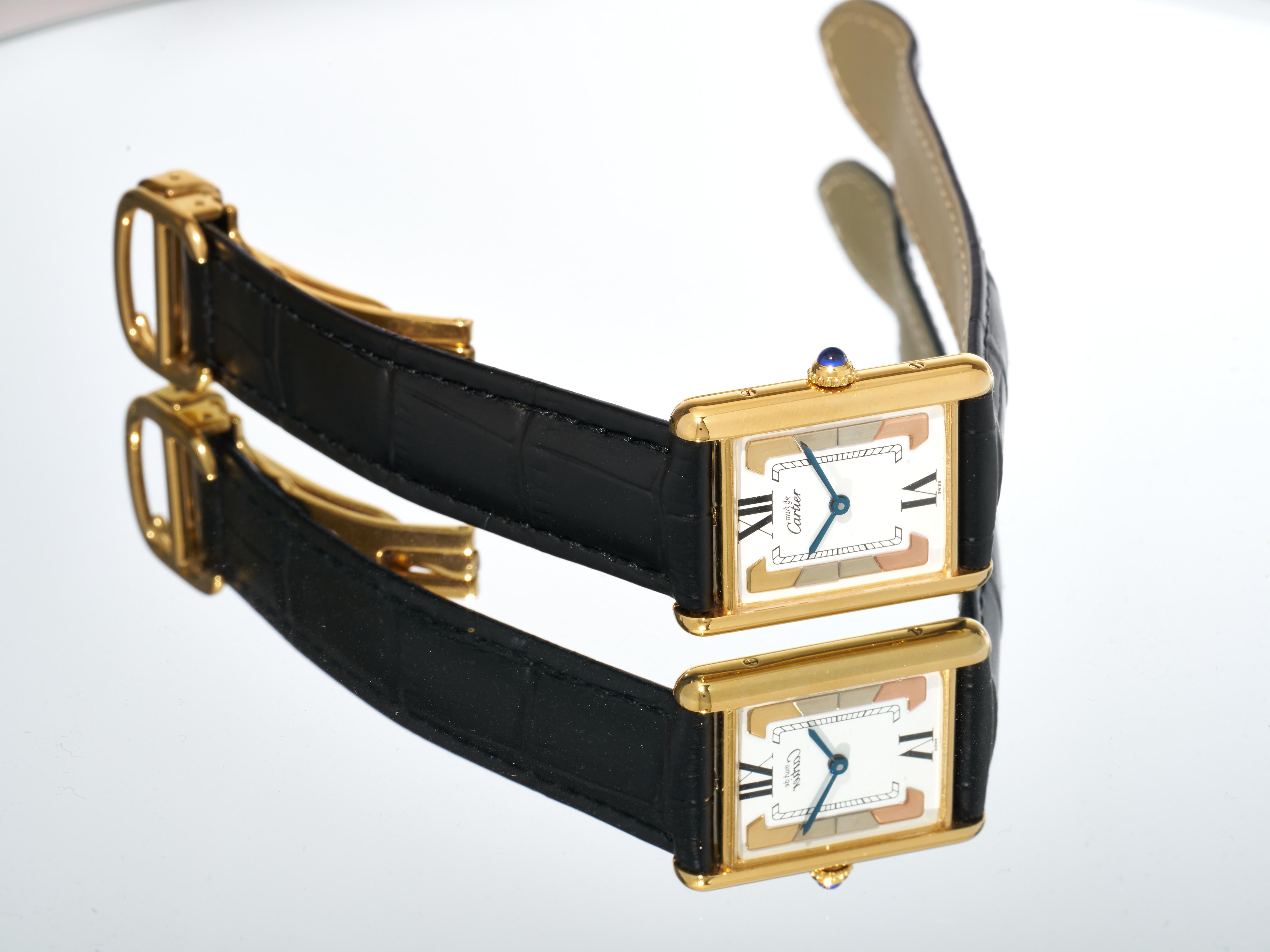 Cartier Tank Trinity Dial 23mm Must de 18K Gold on Silver Quartz Unisex Watch For Sale 8