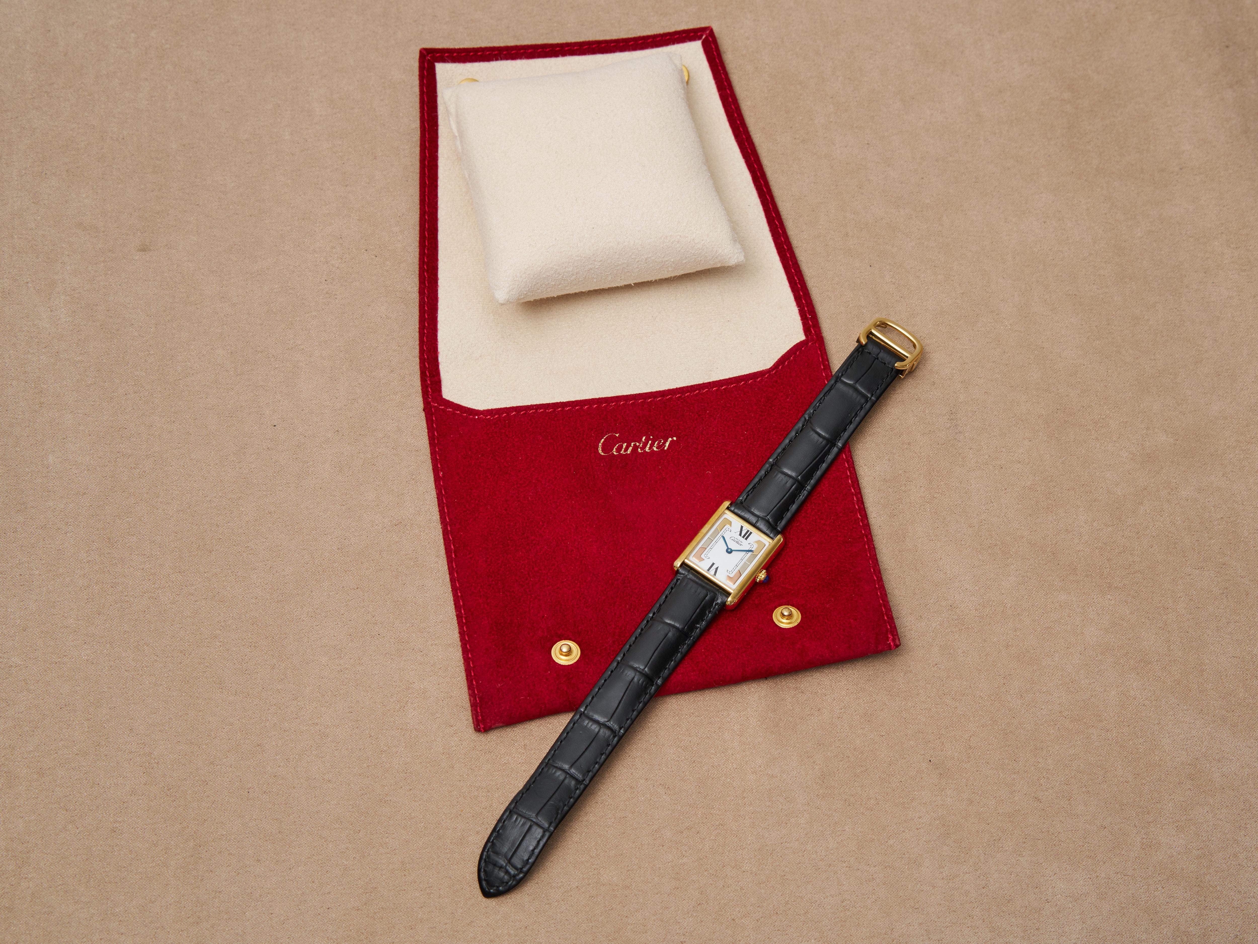 Cartier Tank Trinity Dial 23mm Must de 18K Gold on Silver Quartz Unisex Watch For Sale 12