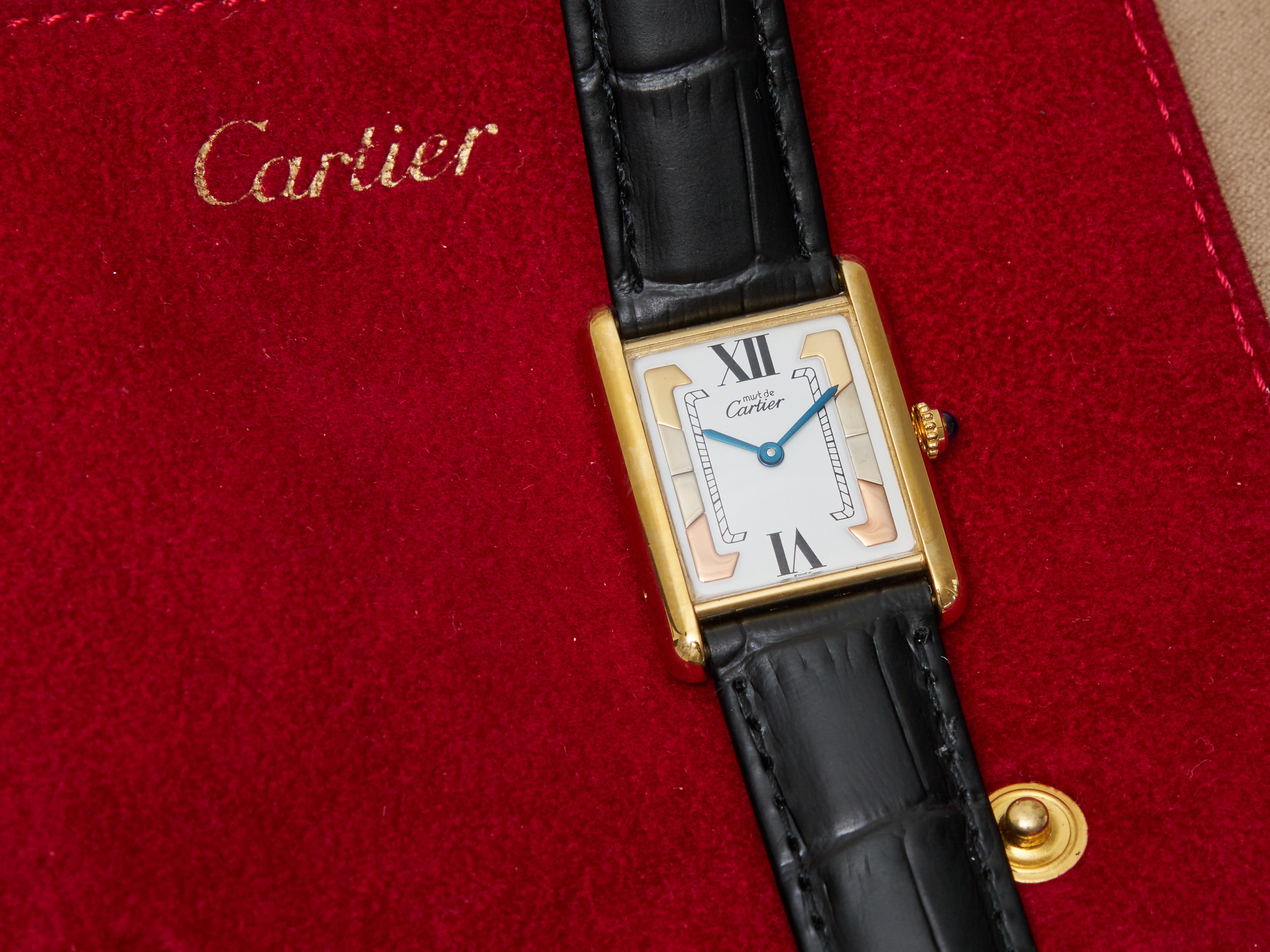 Cartier Tank Trinity Dial 23mm Must de 18K Gold on Silver Quartz Unisex Watch For Sale 13