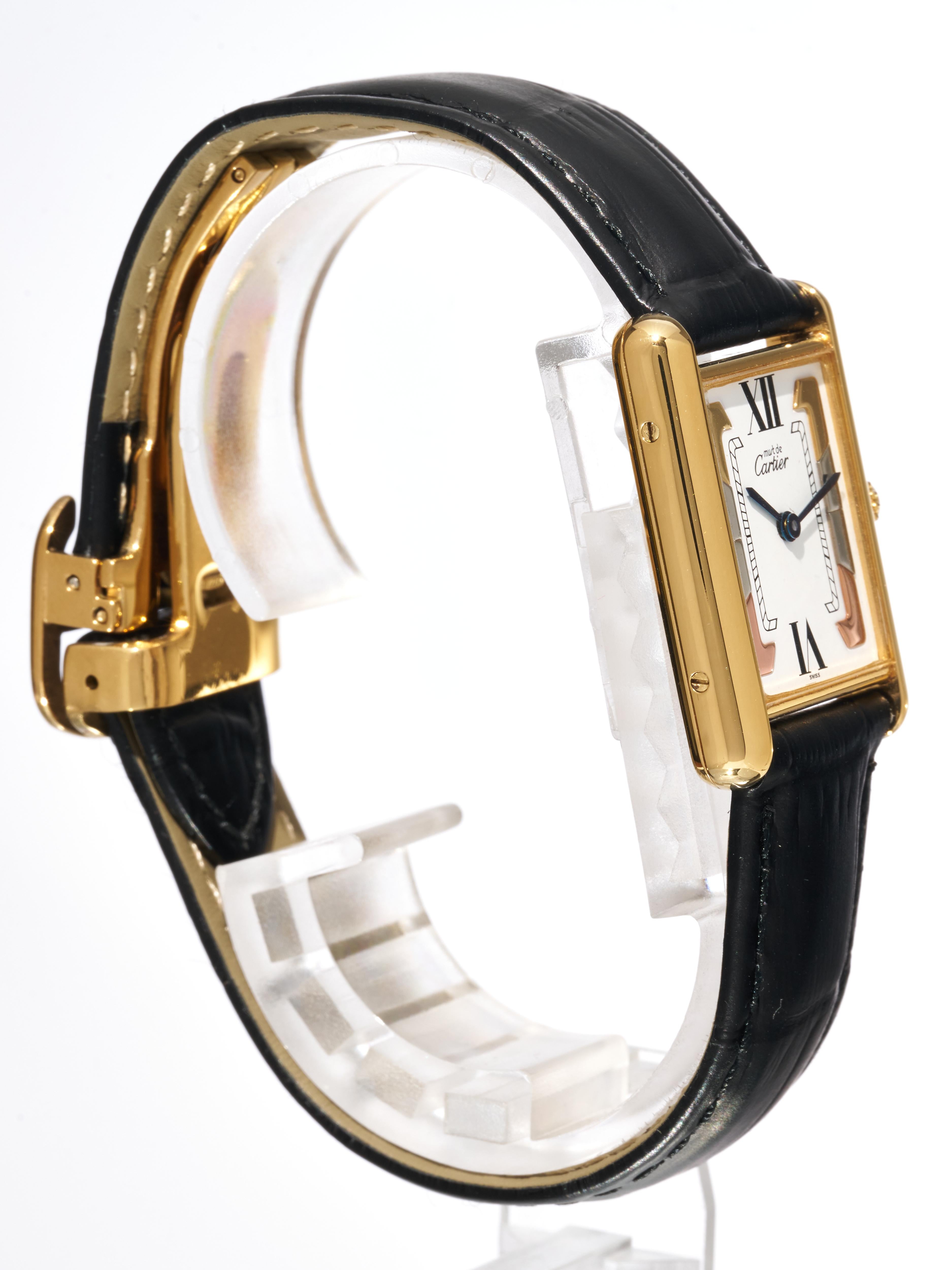 Art Deco Cartier Tank Trinity Dial 23mm Must de 18K Gold on Silver Quartz Unisex Watch For Sale