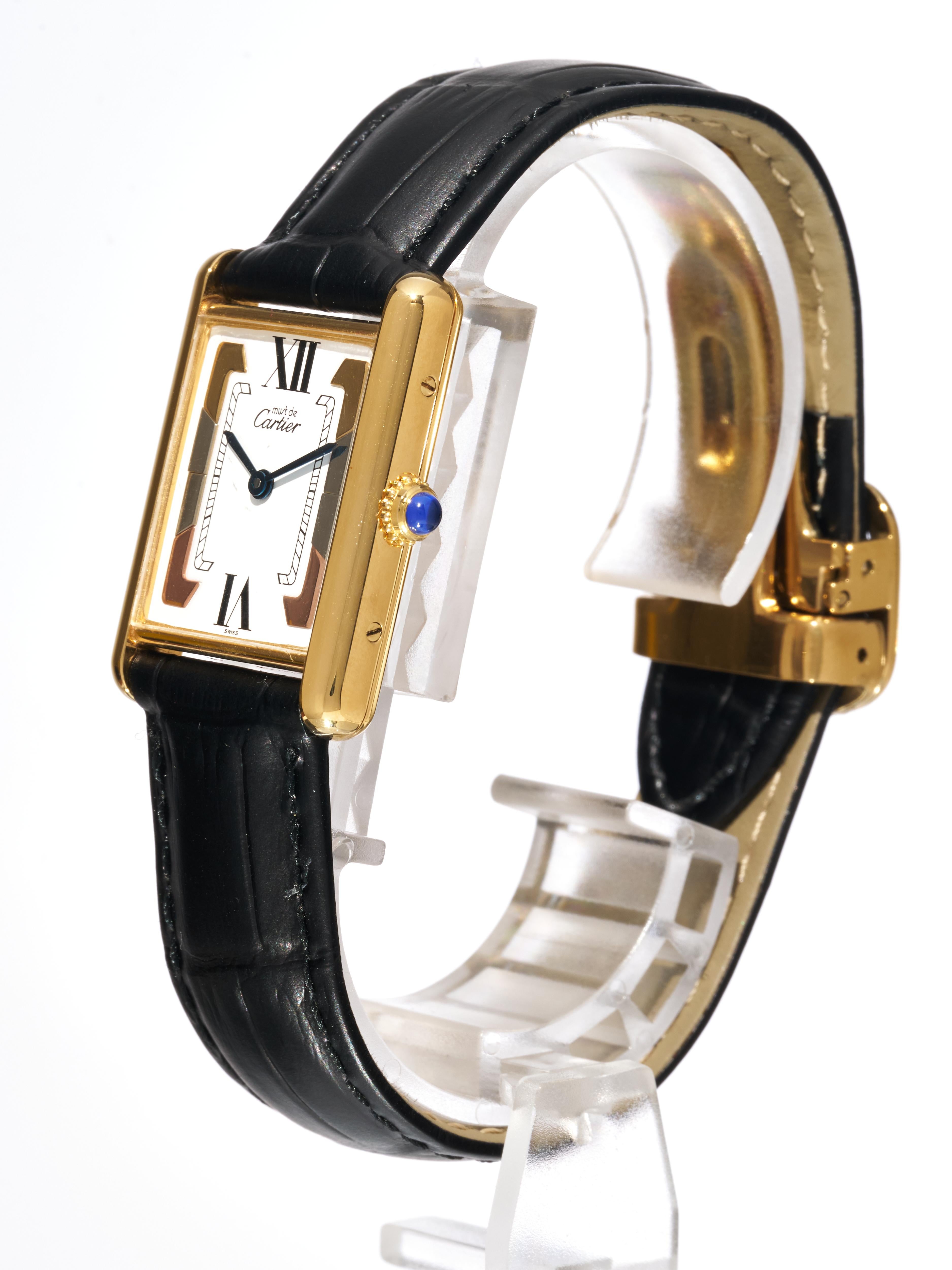Cartier Tank Trinity Dial 23mm Must de 18K Gold on Silver Quartz Unisex Watch For Sale 5