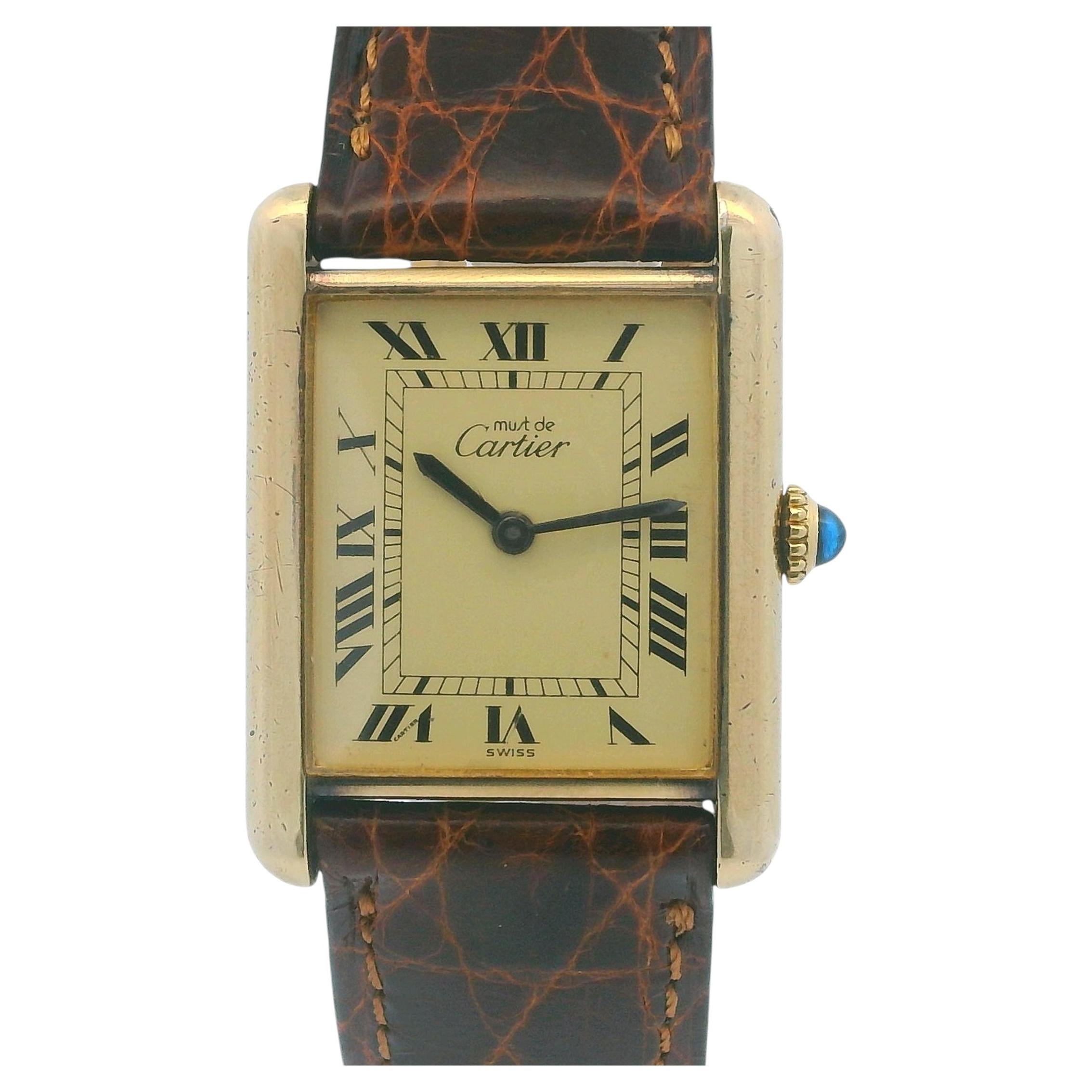 Cartier Tank Vermeil Mechanical Gold Plated Deployant Buckle Vintage Watch For Sale