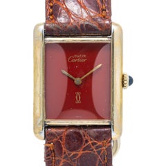 Cartier Tank Vermeil Vintage W/P 925 Gold Plated Red Dial Manual Watch 23x31mm