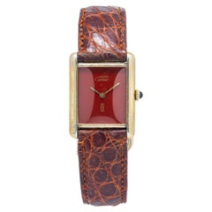 Cartier Tank Vermeil Vintage W/P 925 Gold Plated Red Dial Manual Watch 23x31mm