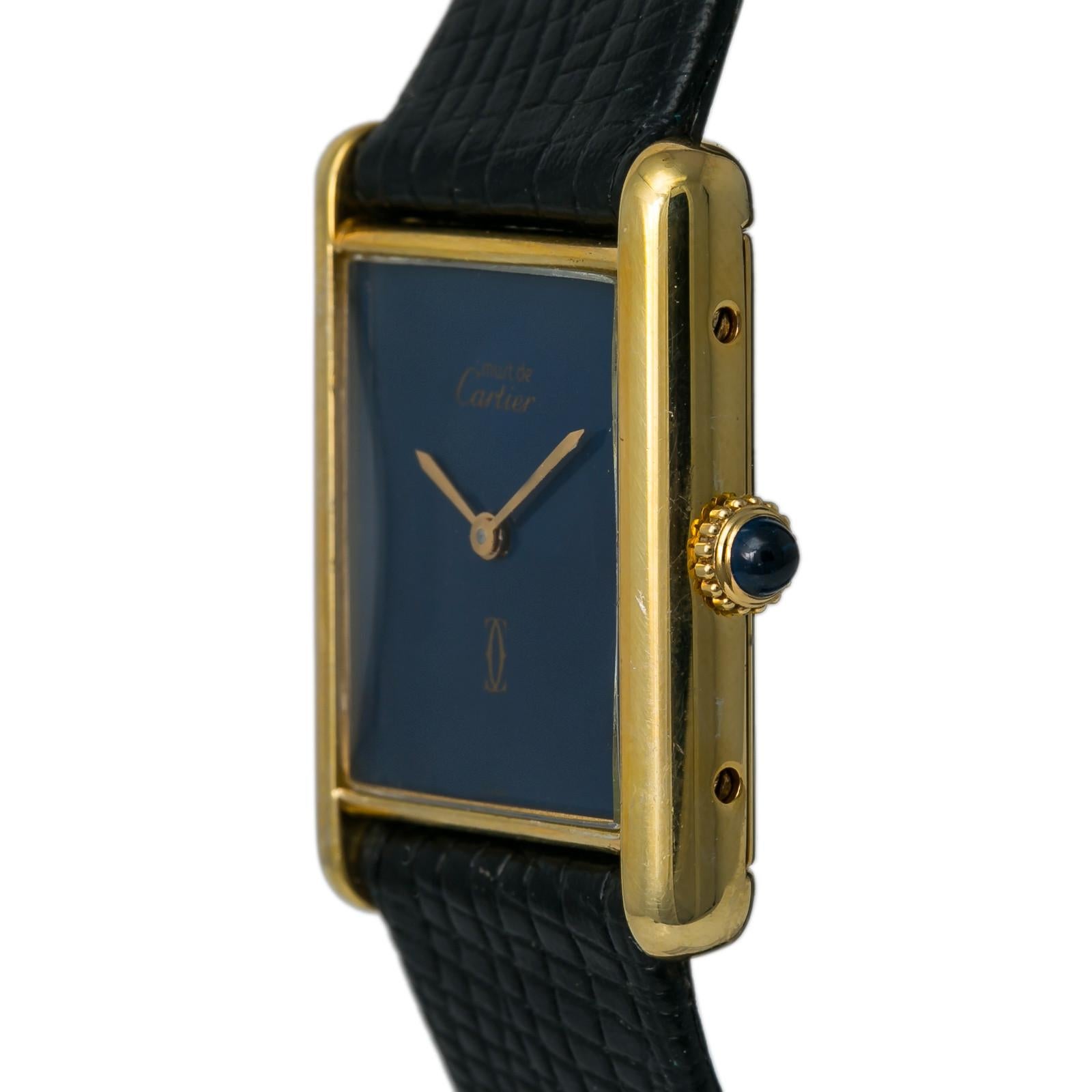 Modern Cartier Tank Vermeil Womens Hand Winding Watch Blue Dial Gold-Plated
