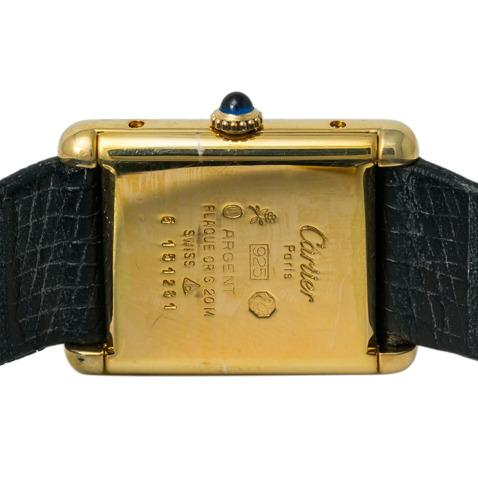 Cartier Tank Vermeil Womens Hand Winding Watch Blue Dial Gold-Plated In Excellent Condition In Miami, FL
