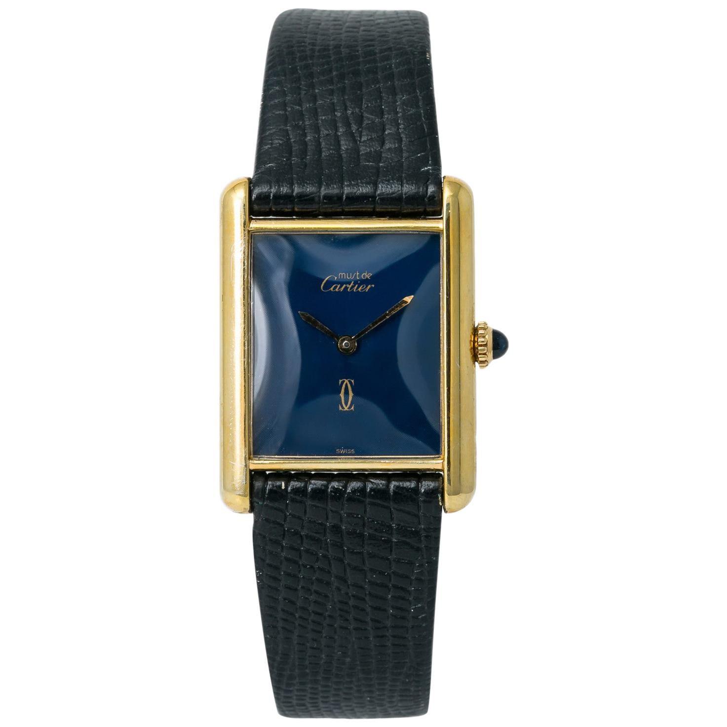 Cartier Tank Vermeil Womens Hand Winding Watch Blue Dial Gold-Plated
