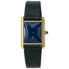 Retro Cartier Tank Vermeil Womens Hand Winding Watch Blue Dial Gold-Plated