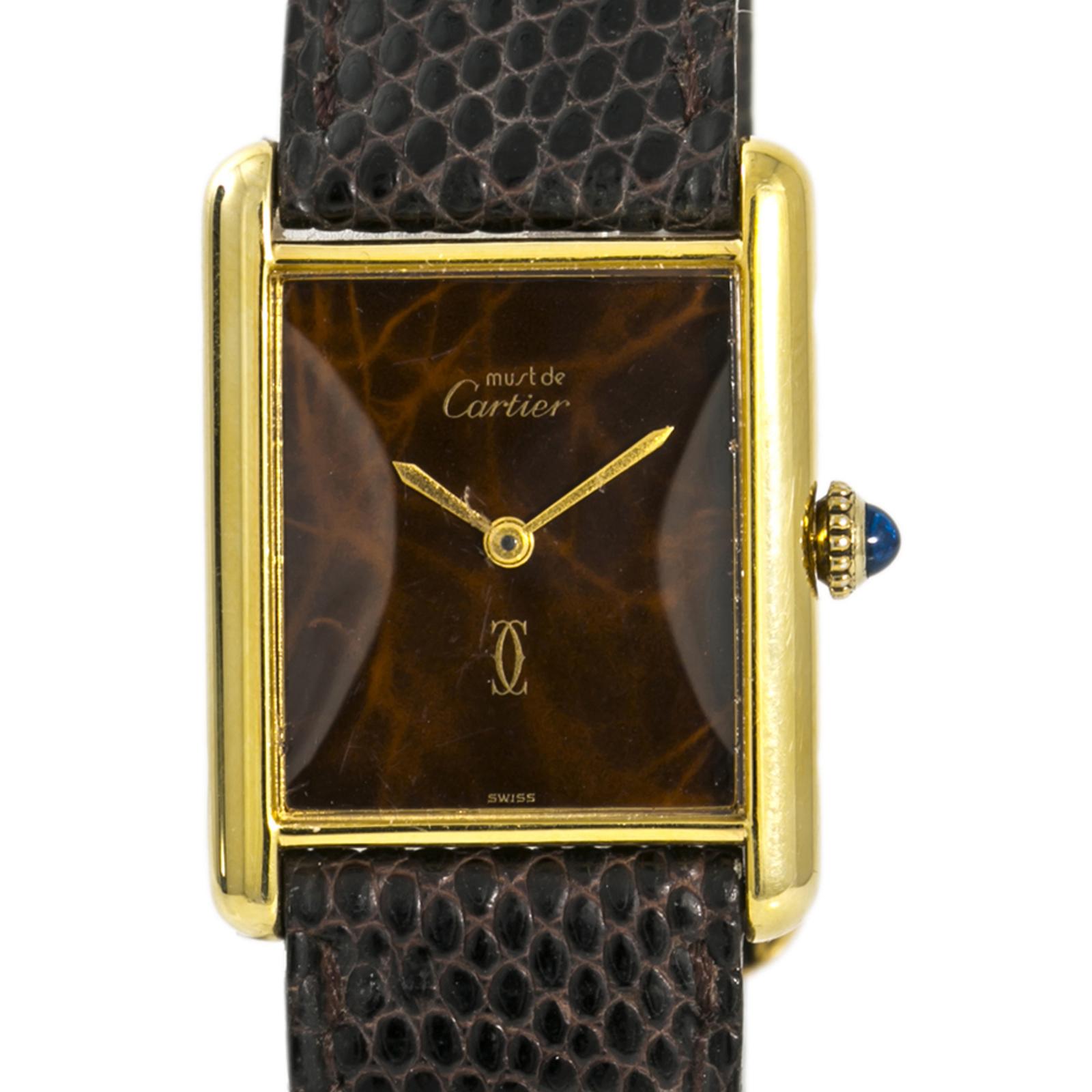 Cartier Tank Vermeil Wood Dial Womens Manual Winding 925 Gold Plated Watch 23mm