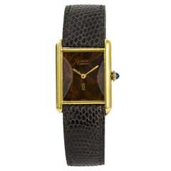 Retro Cartier Tank Vermeil Wood Dial Womens Manual Winding 925 Gold Plated Watch